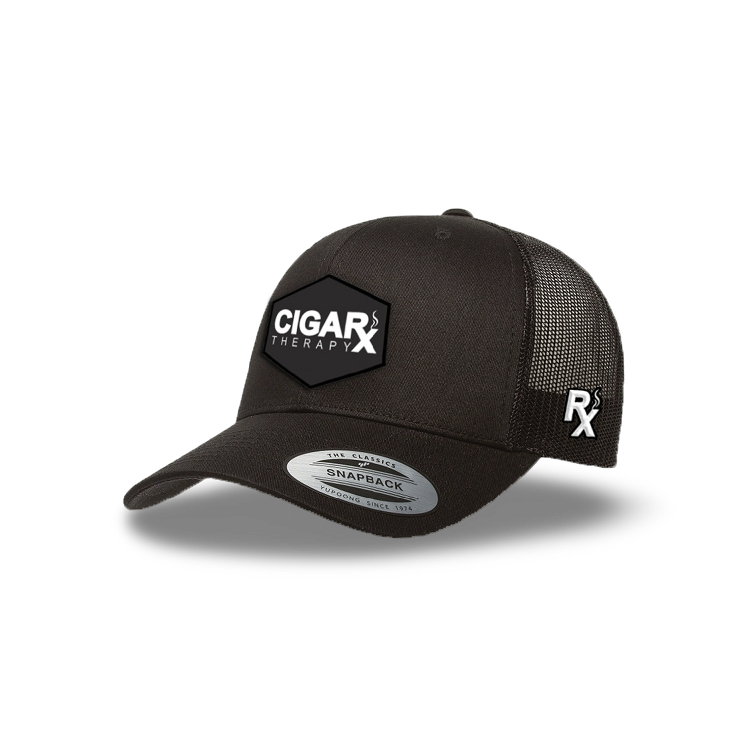 Black Curved Trucker with Black Classic Patch Angled View