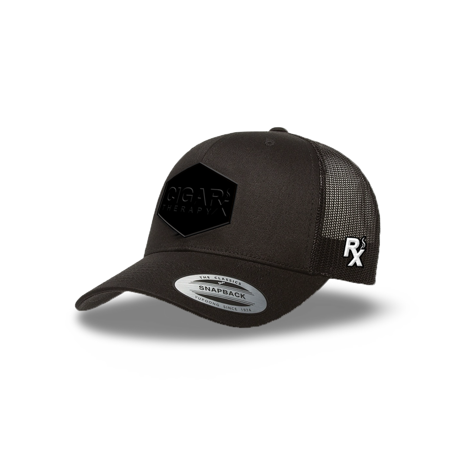 Black Curved Trucker with Blackout Patch Angled View