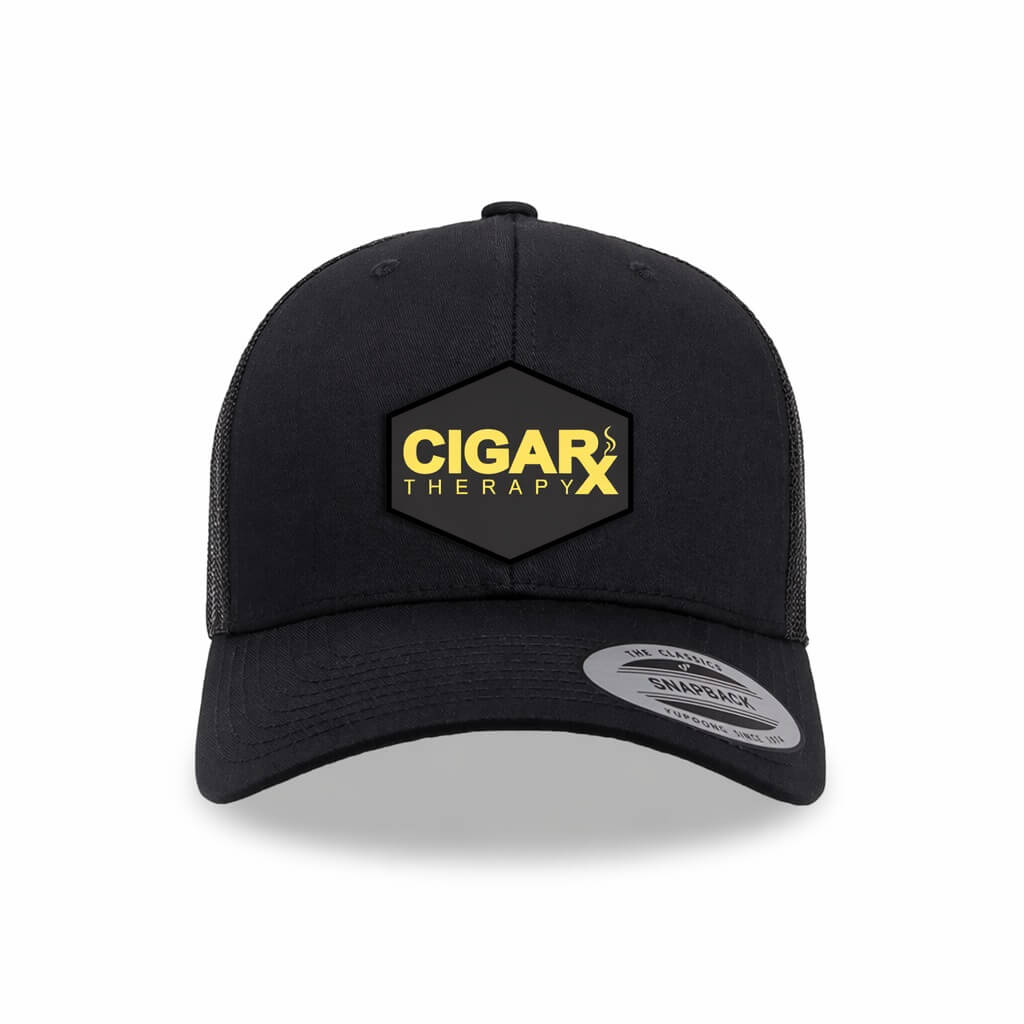 Black Curved Trucker with Gold Classic Patch Front View