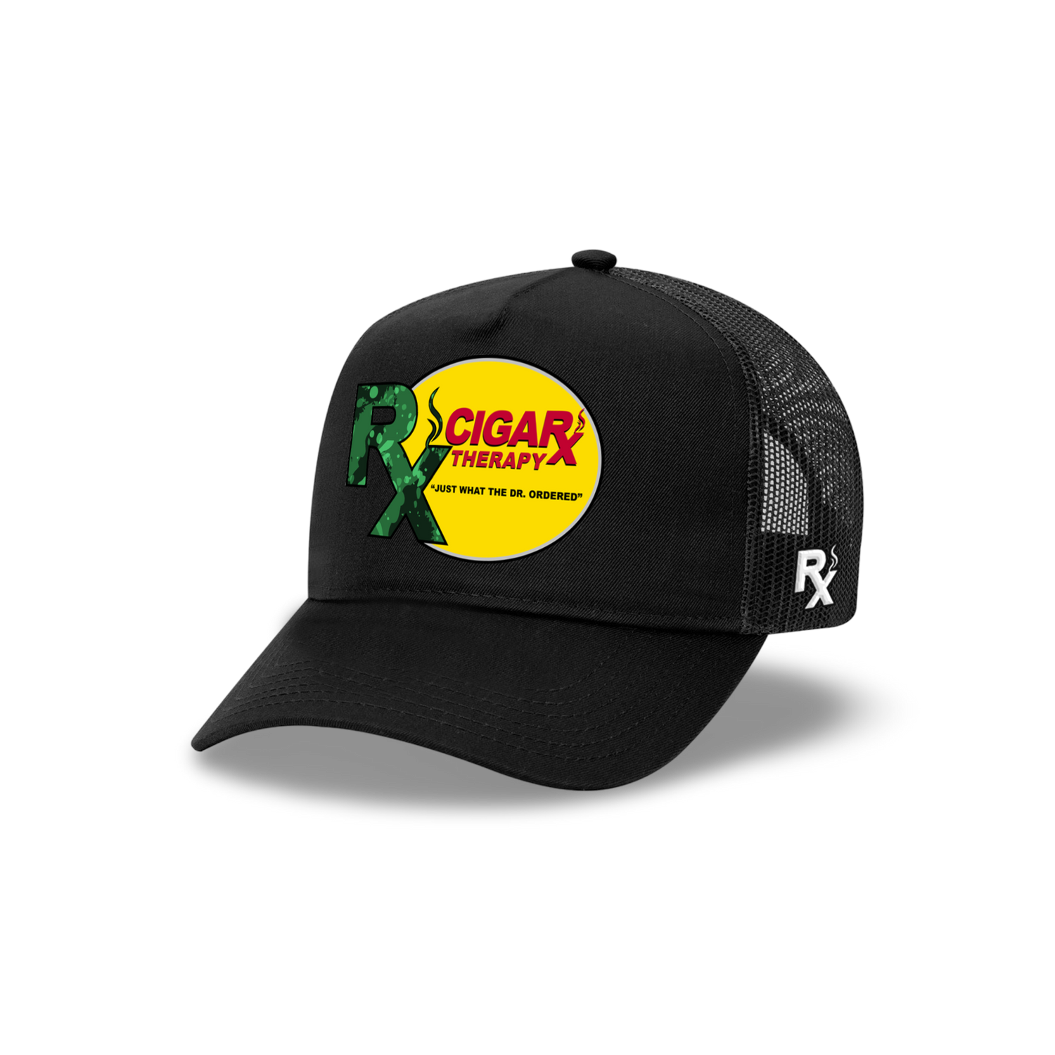 Black Curved Trucker with Green Rx on Yellow Patch Angled View