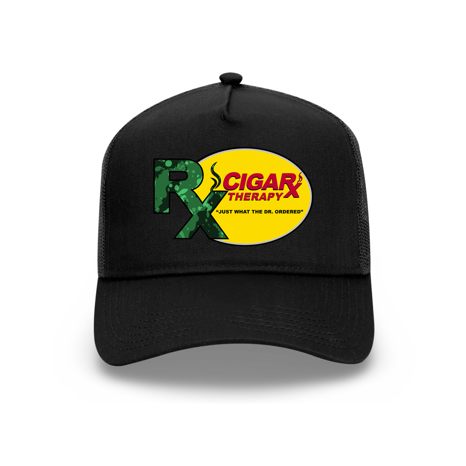 Black Curved Trucker with Green Rx on Yellow Patch Front
