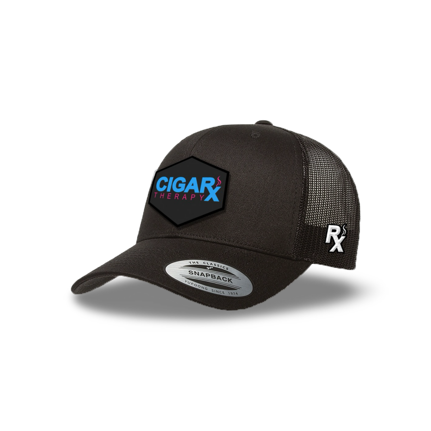 Black Curved Trucker with Miami Edition Patch Angled View