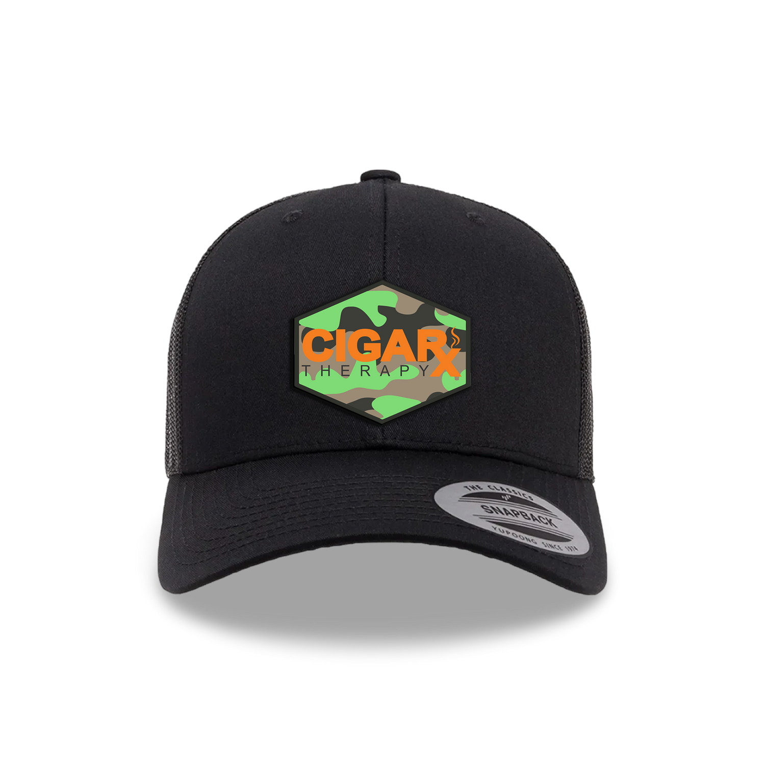 Black Curved Trucker with Orange Logo on Camo Patch Front