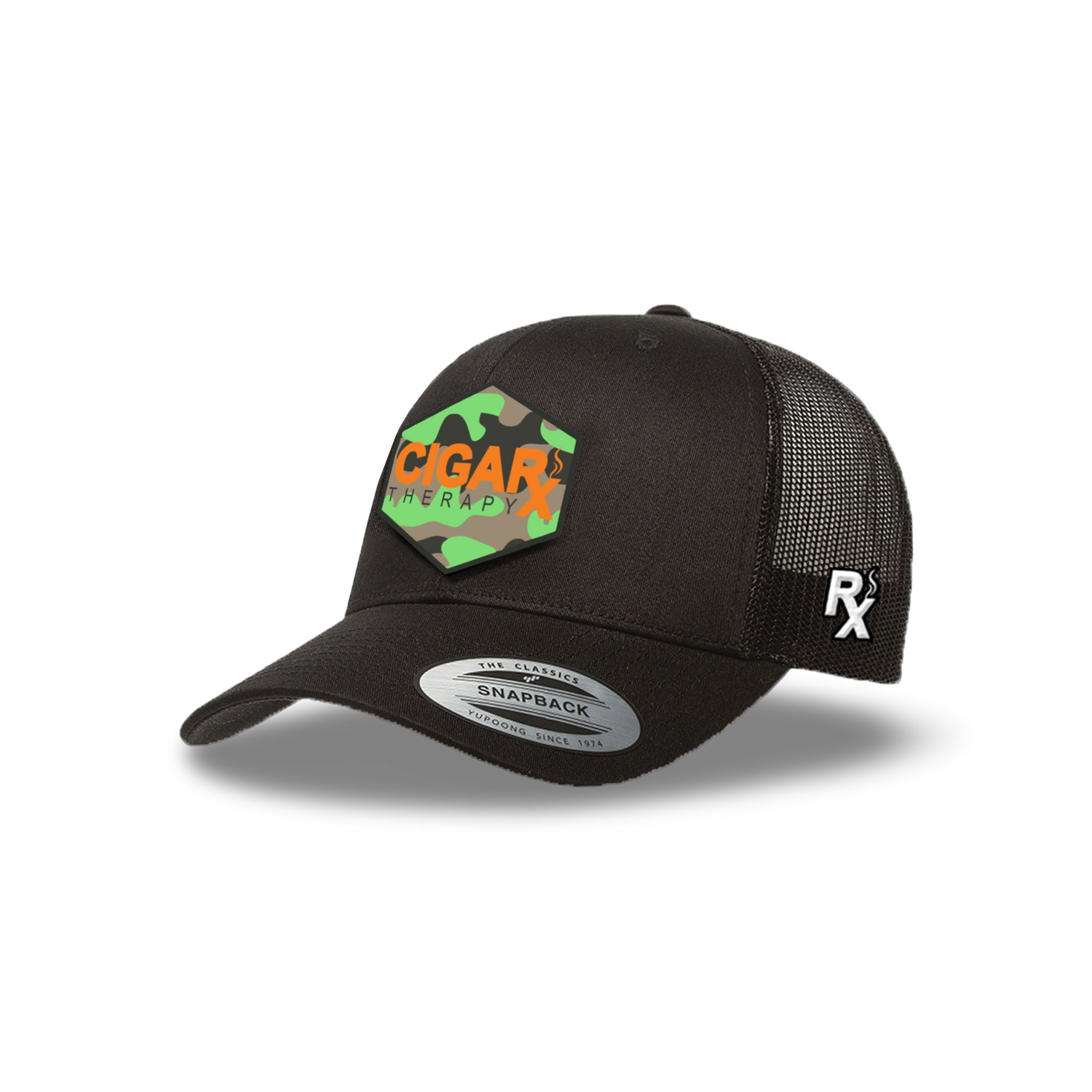 Black Curved Trucker with Orange Logo on Camo Patch Angled View
