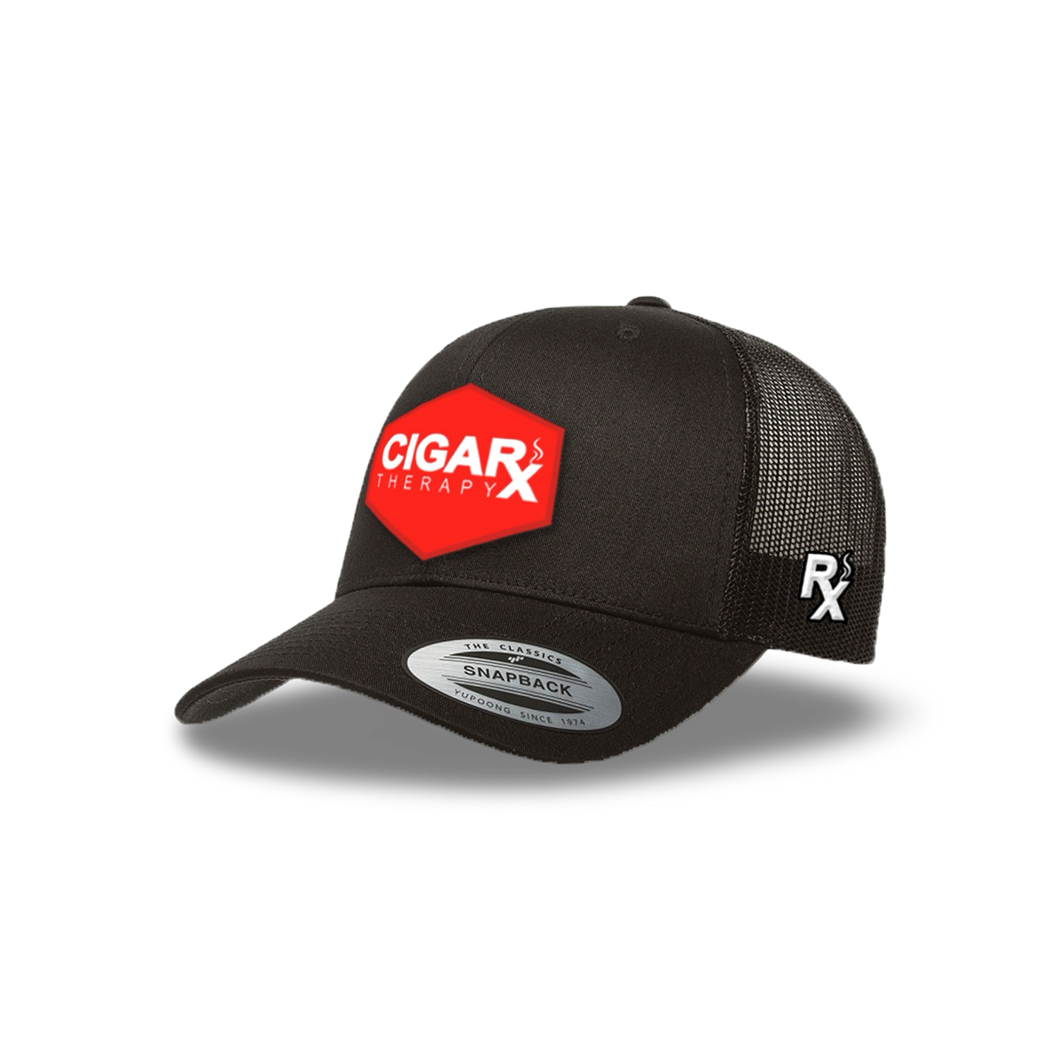Black Curved Trucker with Red Classic Patch Angled View