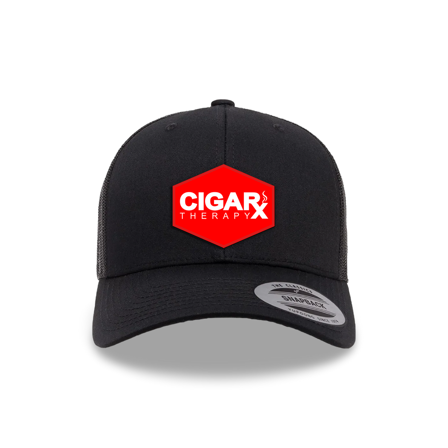 Black Curved Trucker with Red Classic Patch Front