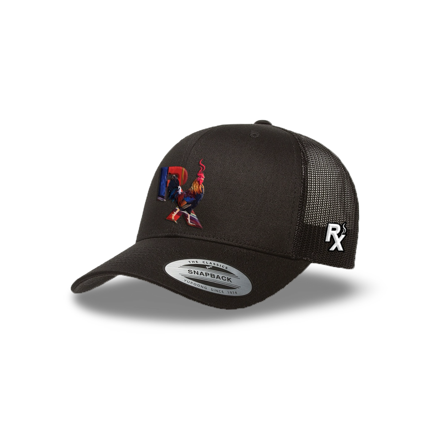 Black Curved Trucker with Smokin Cock Patch Angled