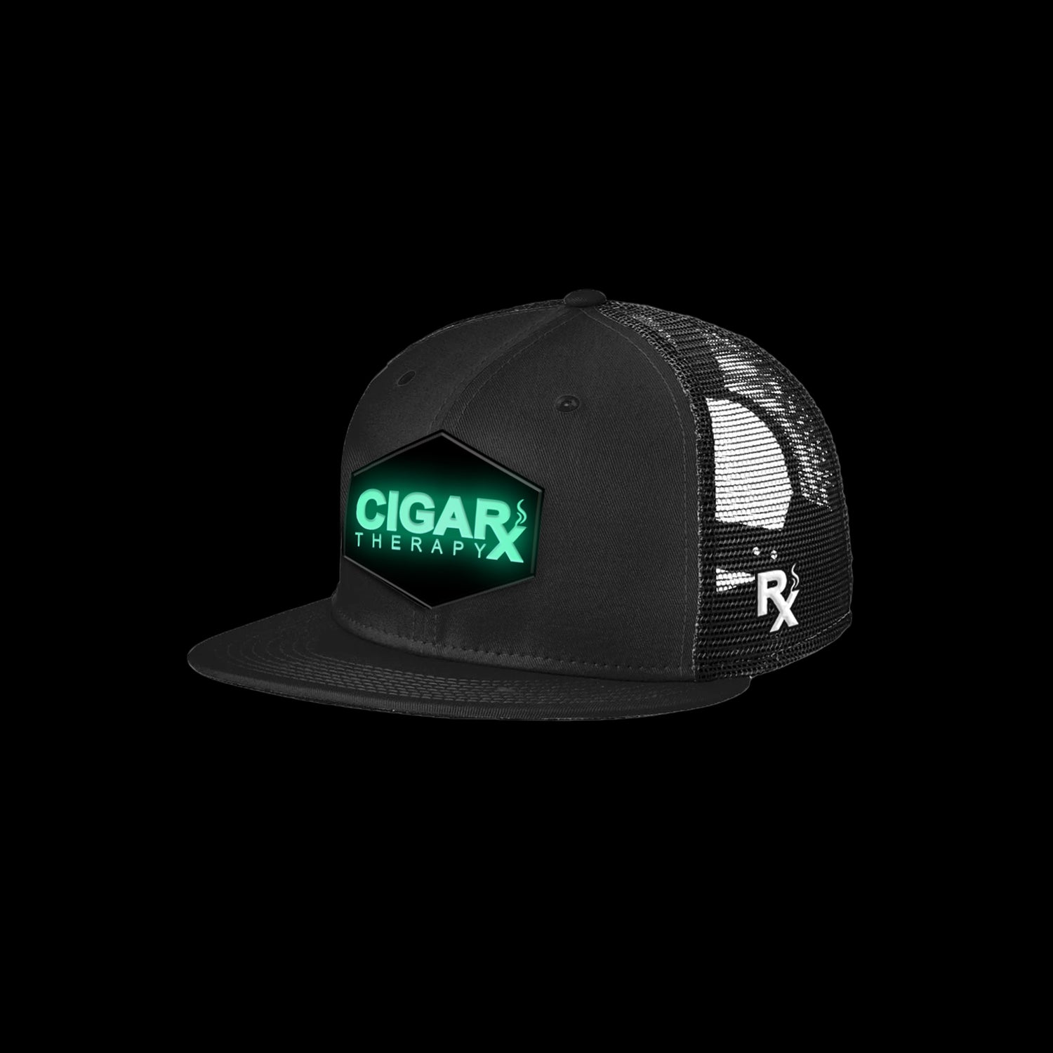 Black Flat Trucker w/ Black Classic GLOW in the Dark Patch L.E. Angled View