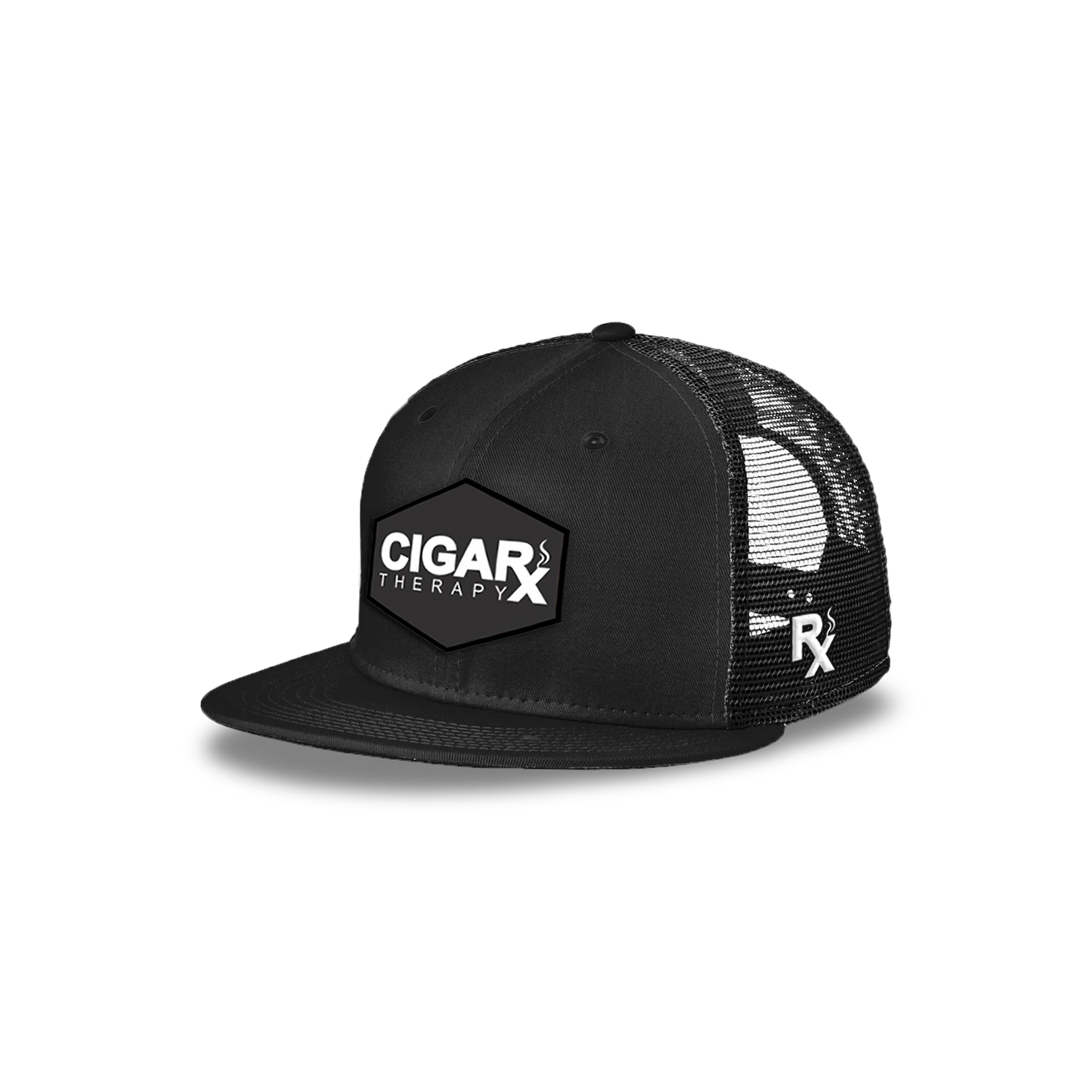 Black Flat Trucker with Black Classic Patch Angled View