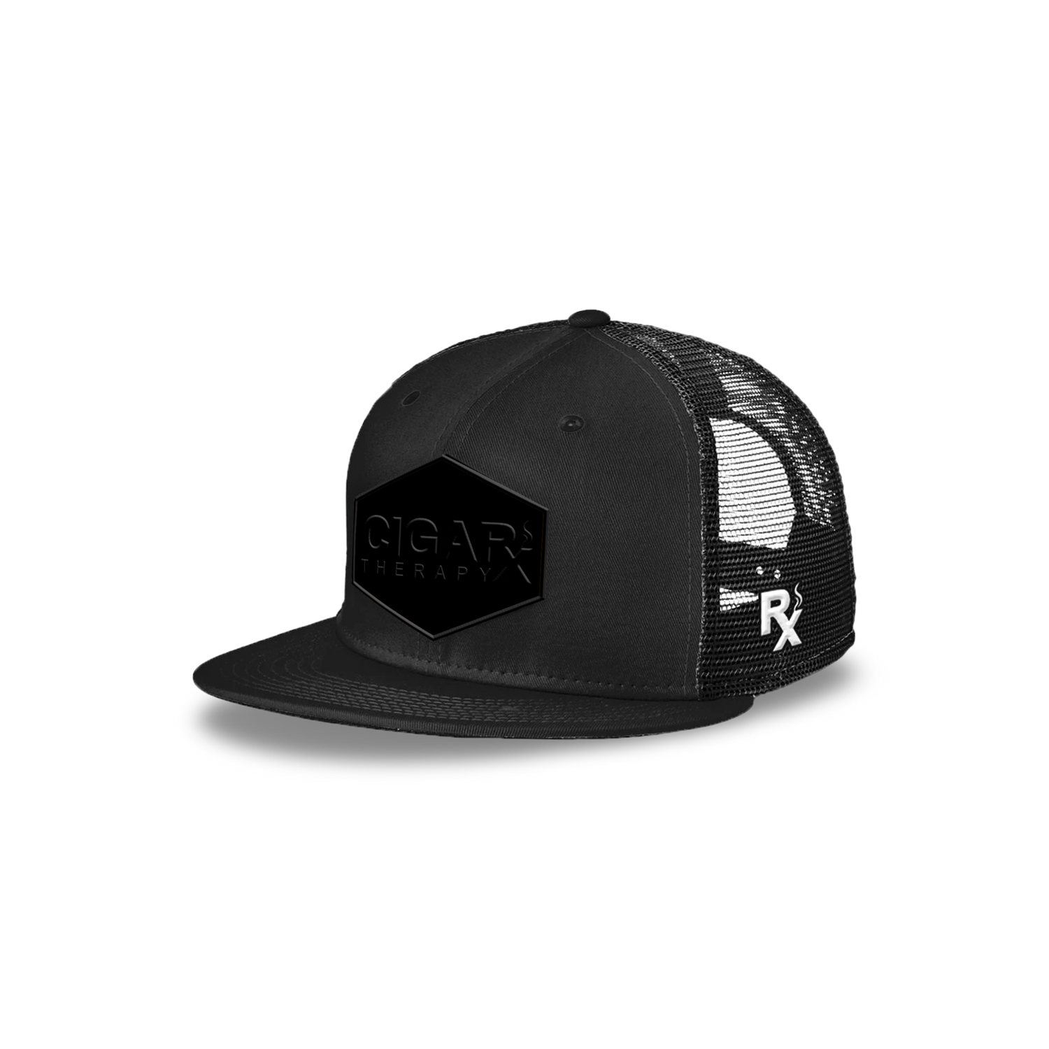 Black Flat Trucker with Blackout Patch Angled View