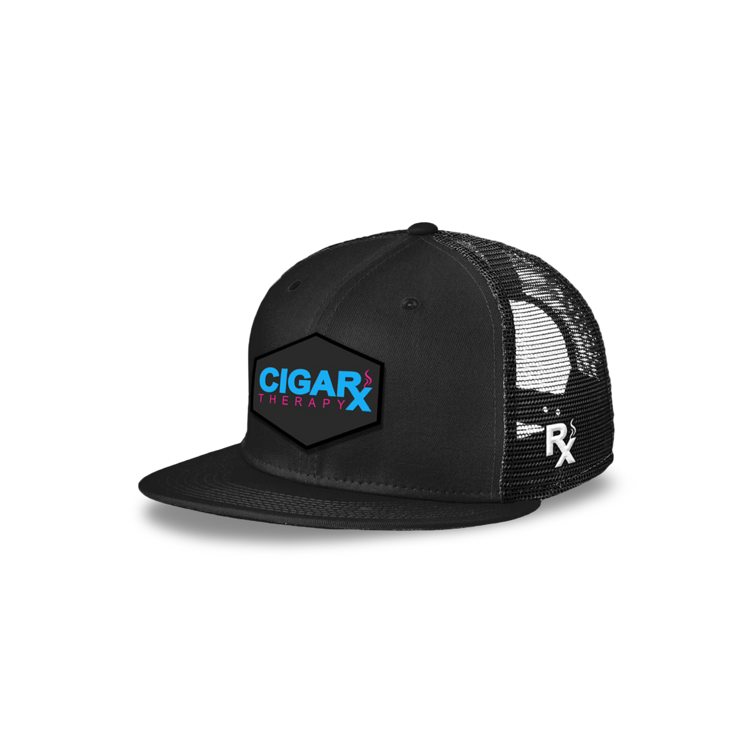 Black Flat Trucker with Miami Edition Patch Angled View