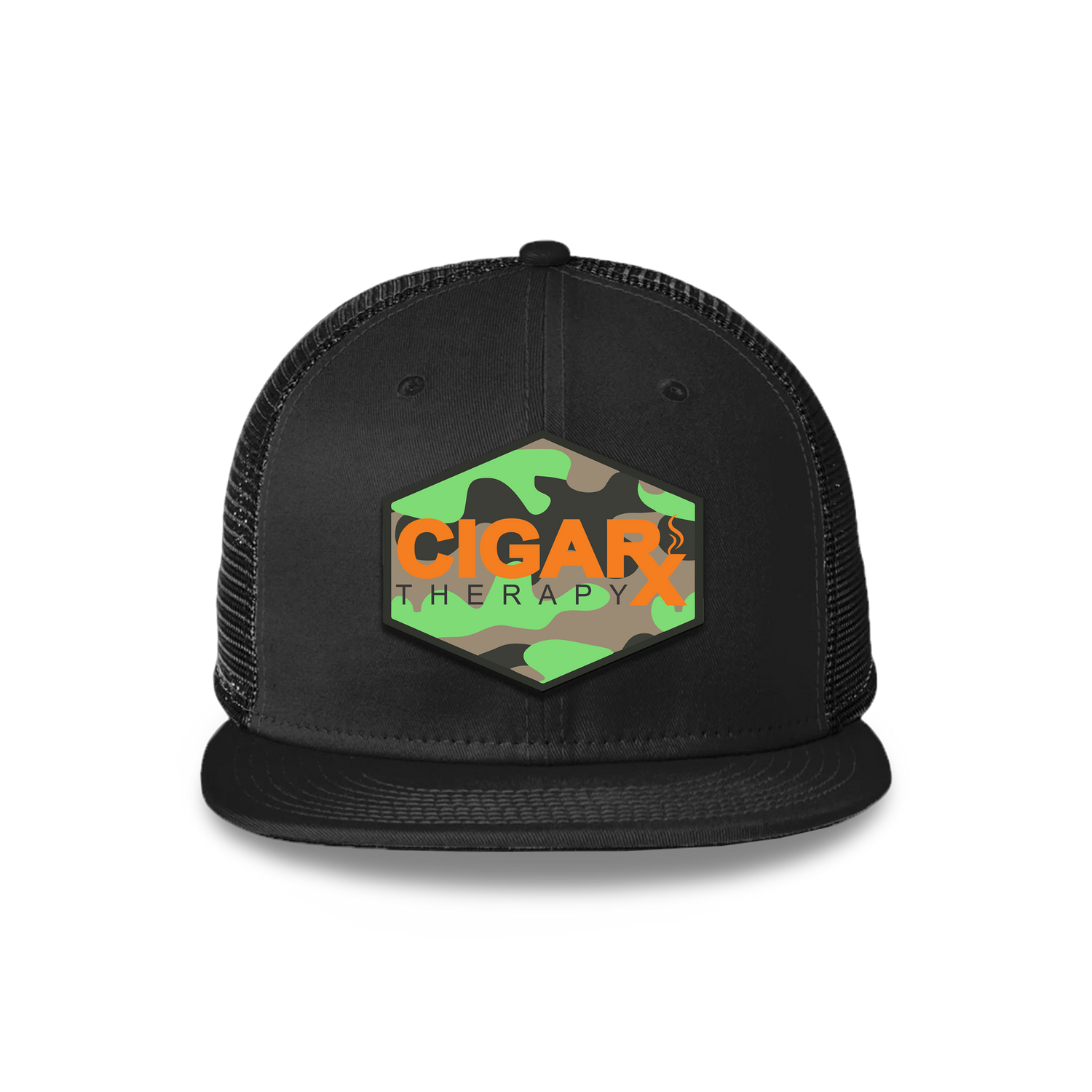 Black Flat Trucker with Orange Logo on Camo Patch Front