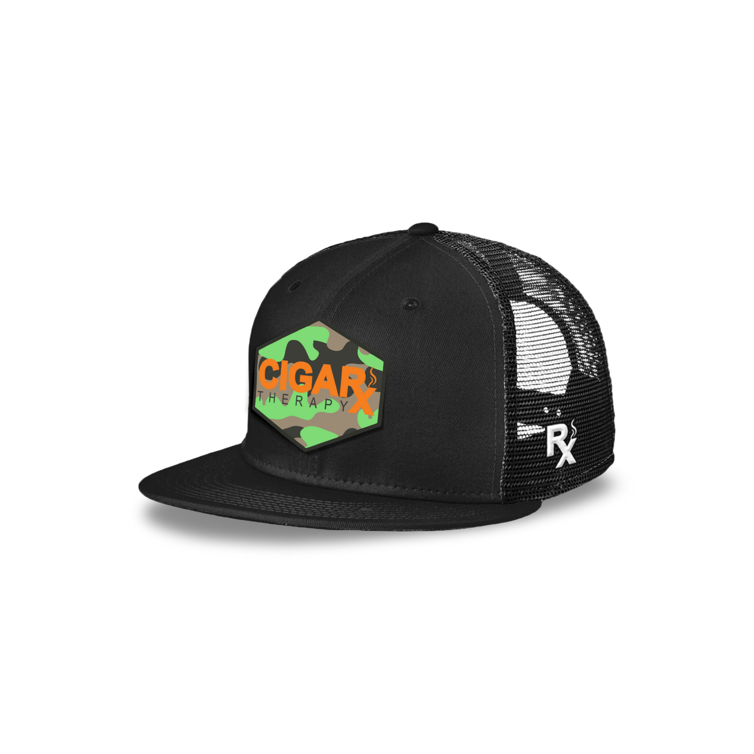 Black Flat Trucker with Orange Logo on Camo Patch Angled View