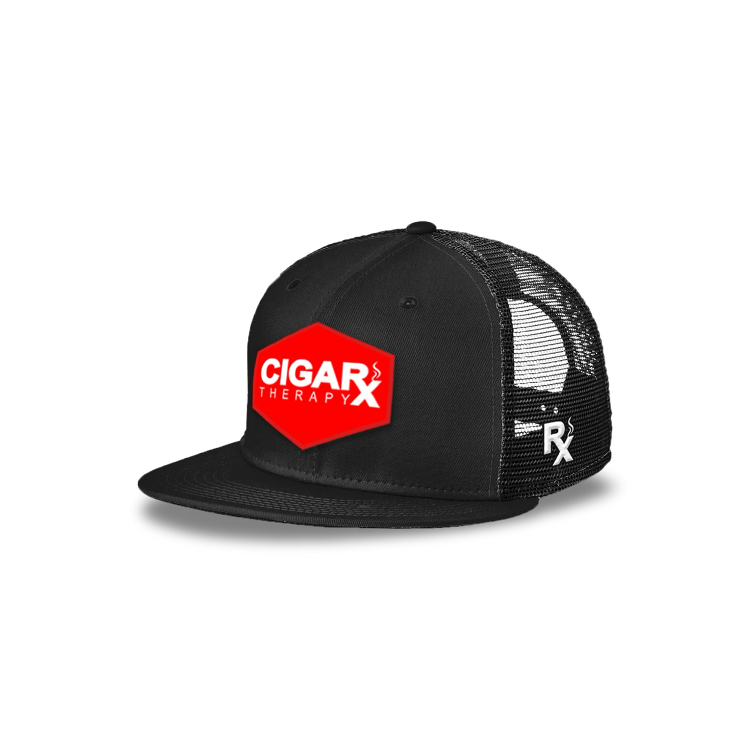 Black Flat Trucker with Red Classic Patch Angled View