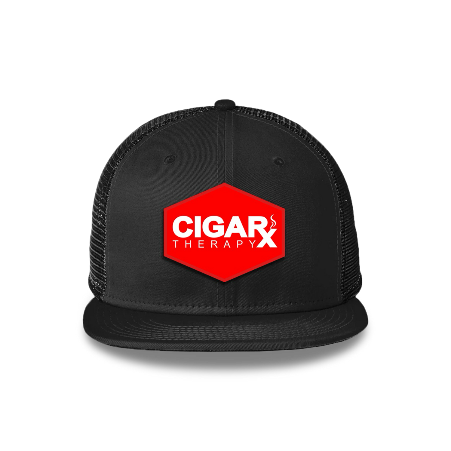 Black Flat Trucker with Red Classic Patch Front