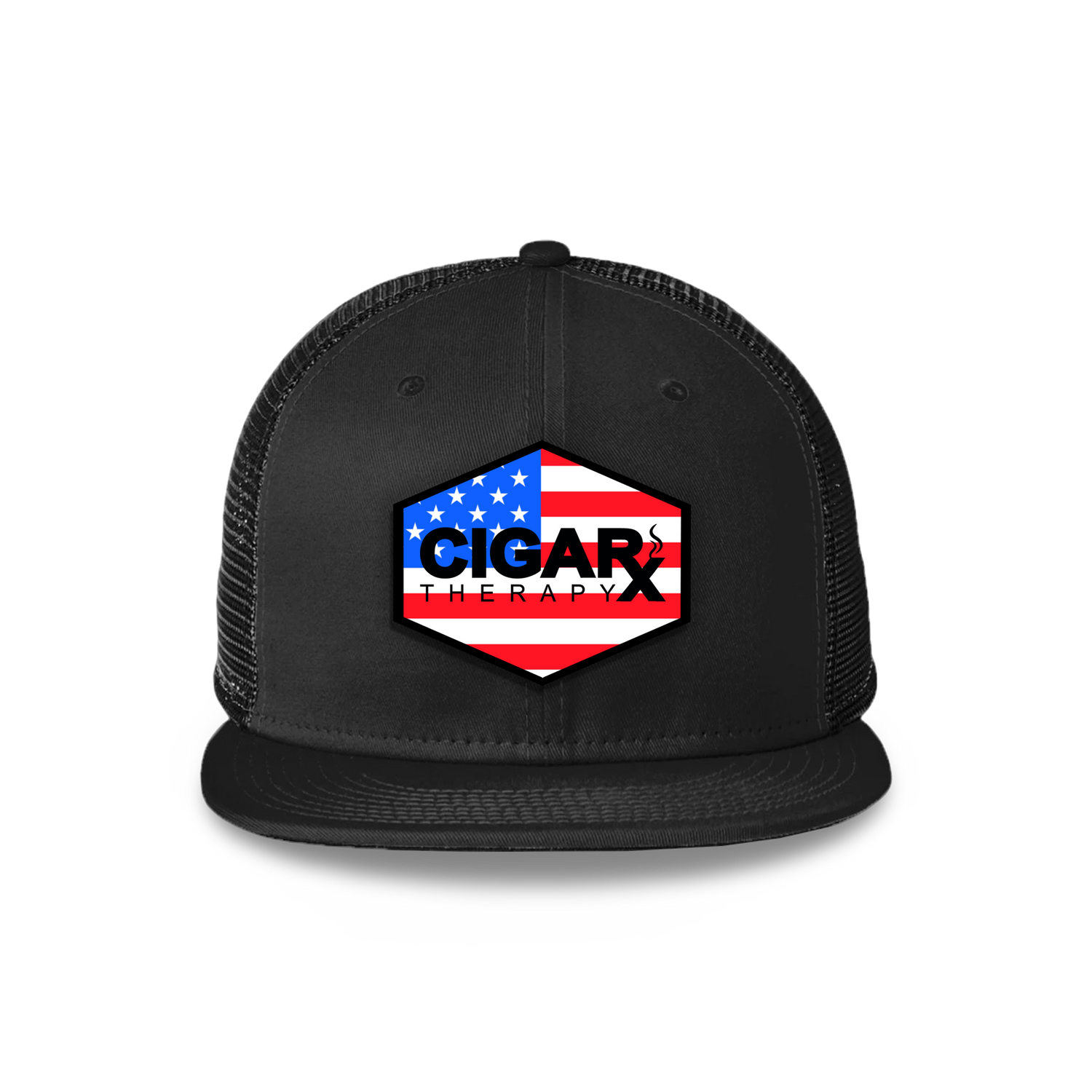 Black Flat Trucker with USA Flag Patch Front View