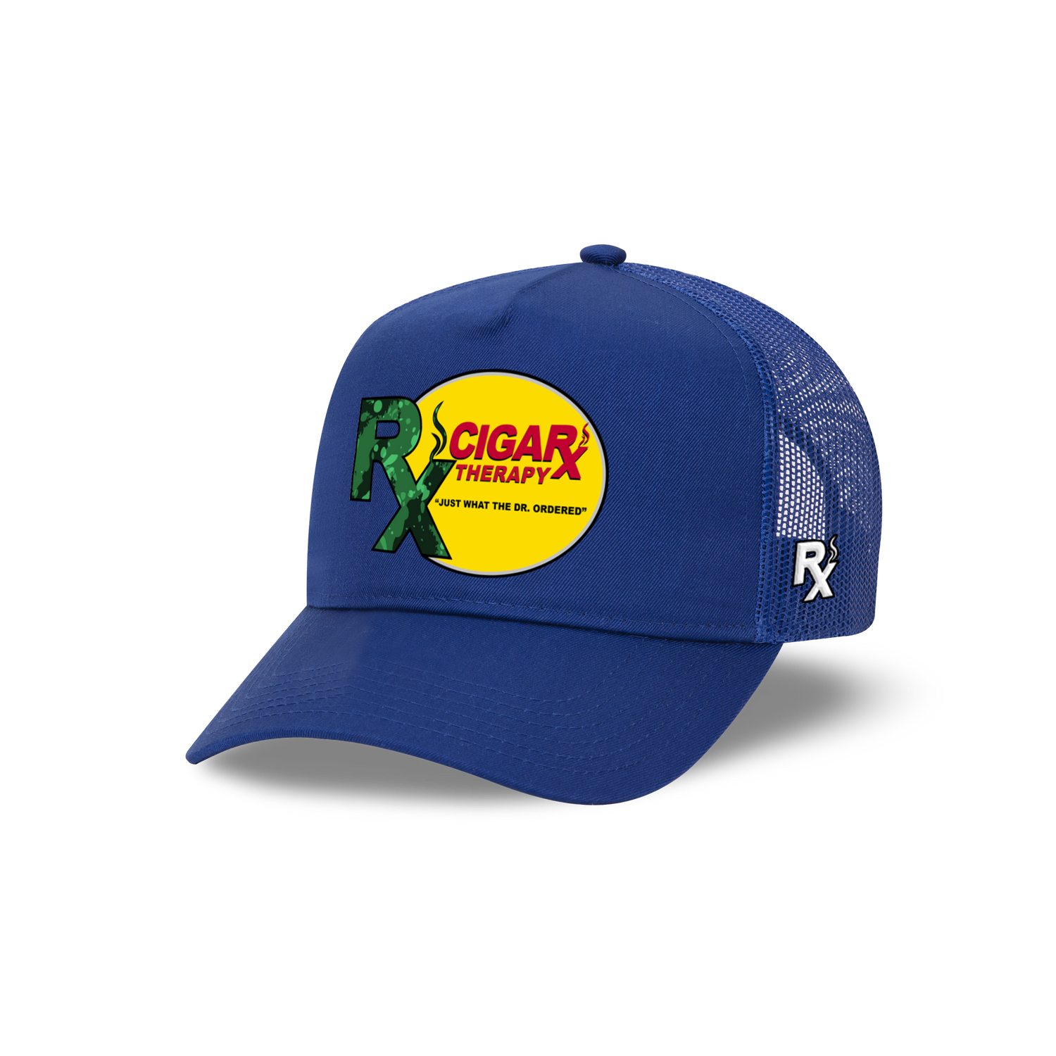 Blue Curved Trucker with Green Rx on Yellow Patch Angled