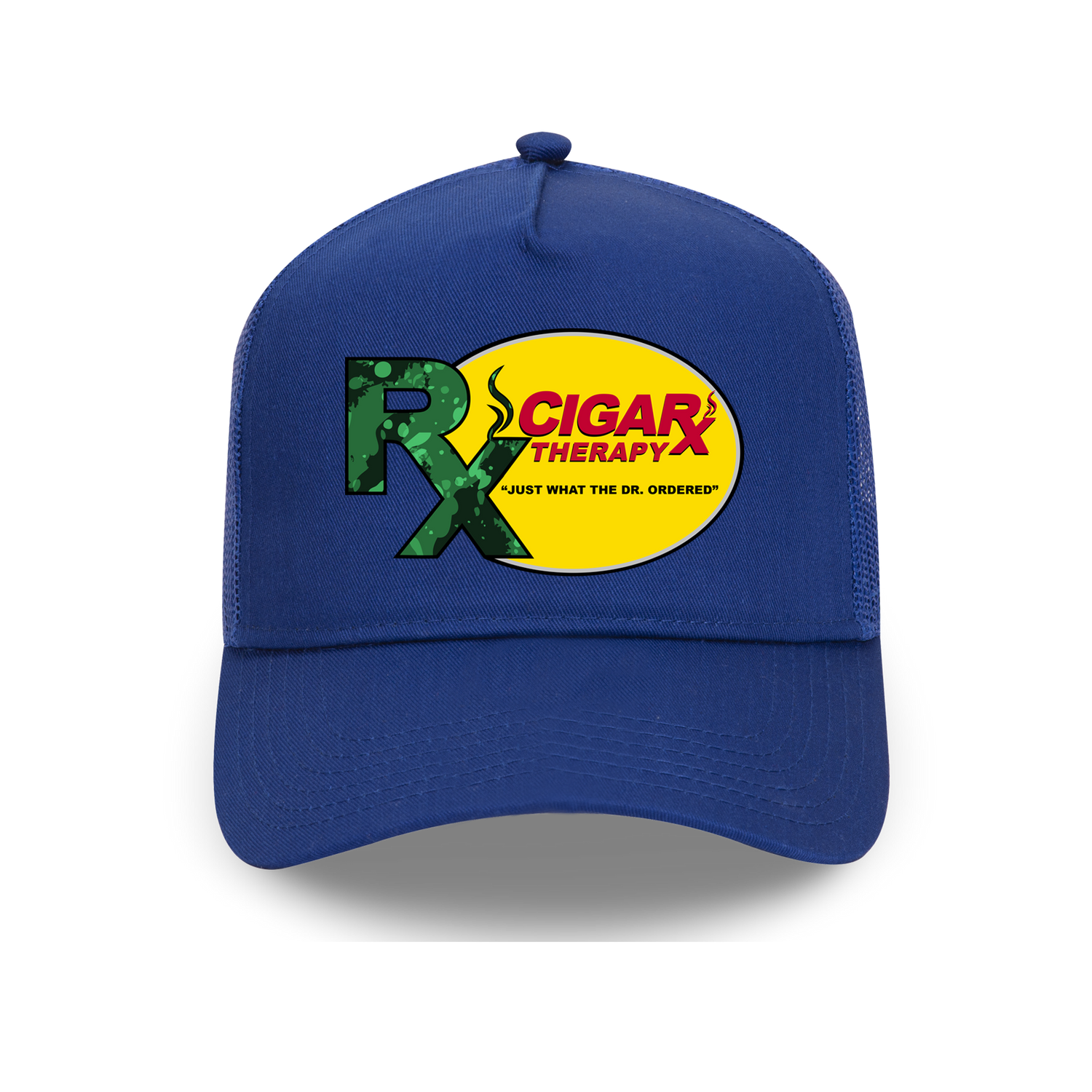 Blue Curved Trucker with Green Rx on Yellow Patch