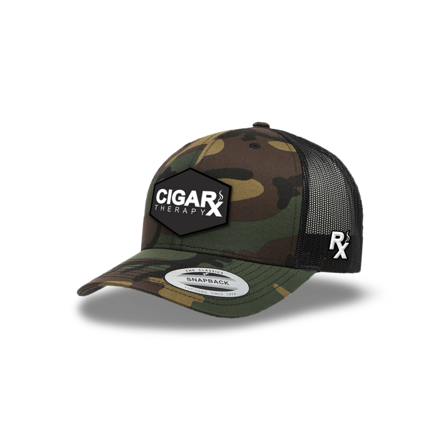 Camo Curved Trucker with Black Classic Patch Angled View