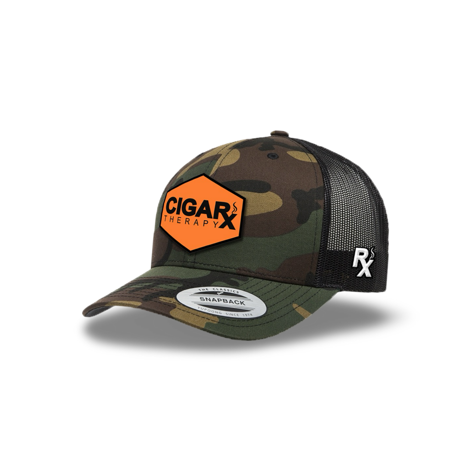 Camo Curved Trucker with Black on Orange Patch Angled View