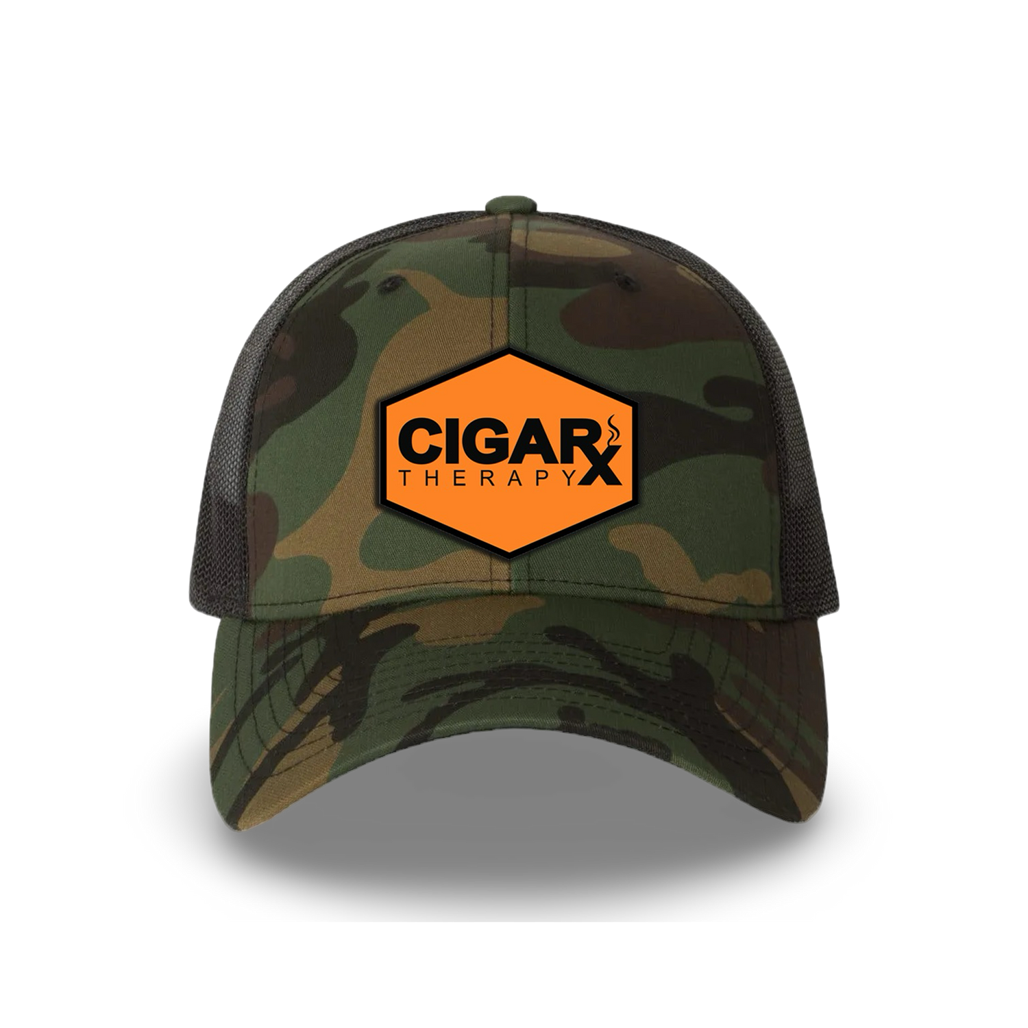 Camo Curved Trucker with Black on Orange Patch Front