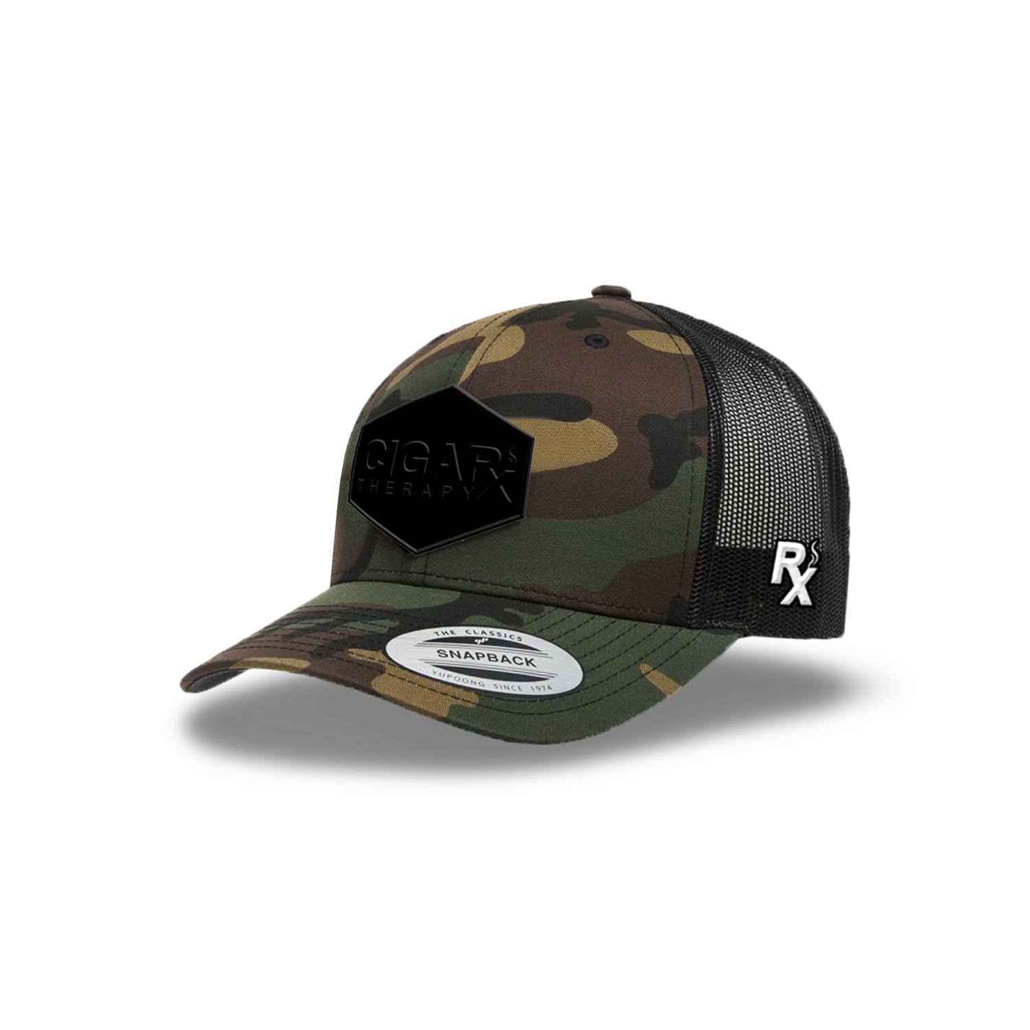 Camo Curved Trucker with Blackout Patch Angled View