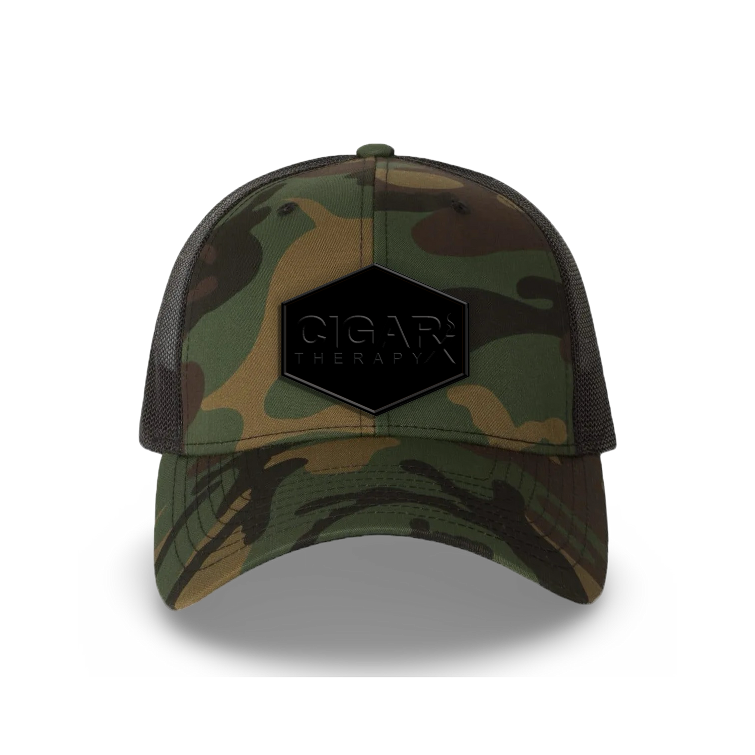 Camo Curved Trucker with Blackout Patch Front View