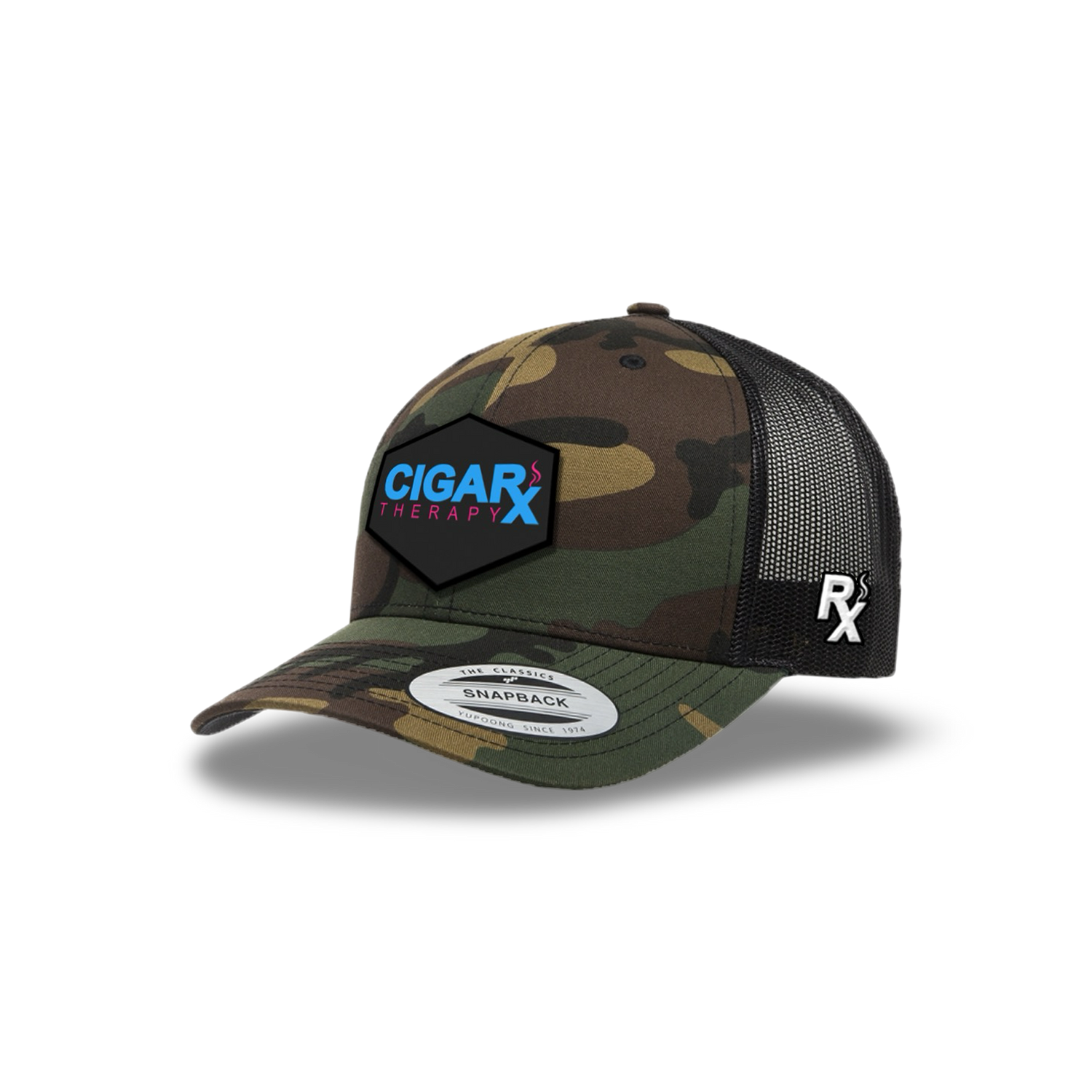 Camo Curved Trucker with Miami Edition Patch Angled View