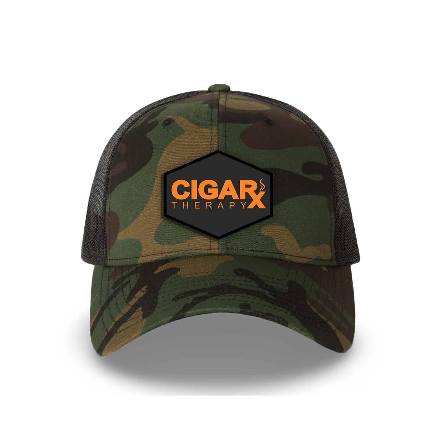 Camo Curved Trucker with Orange on Black Patch Front