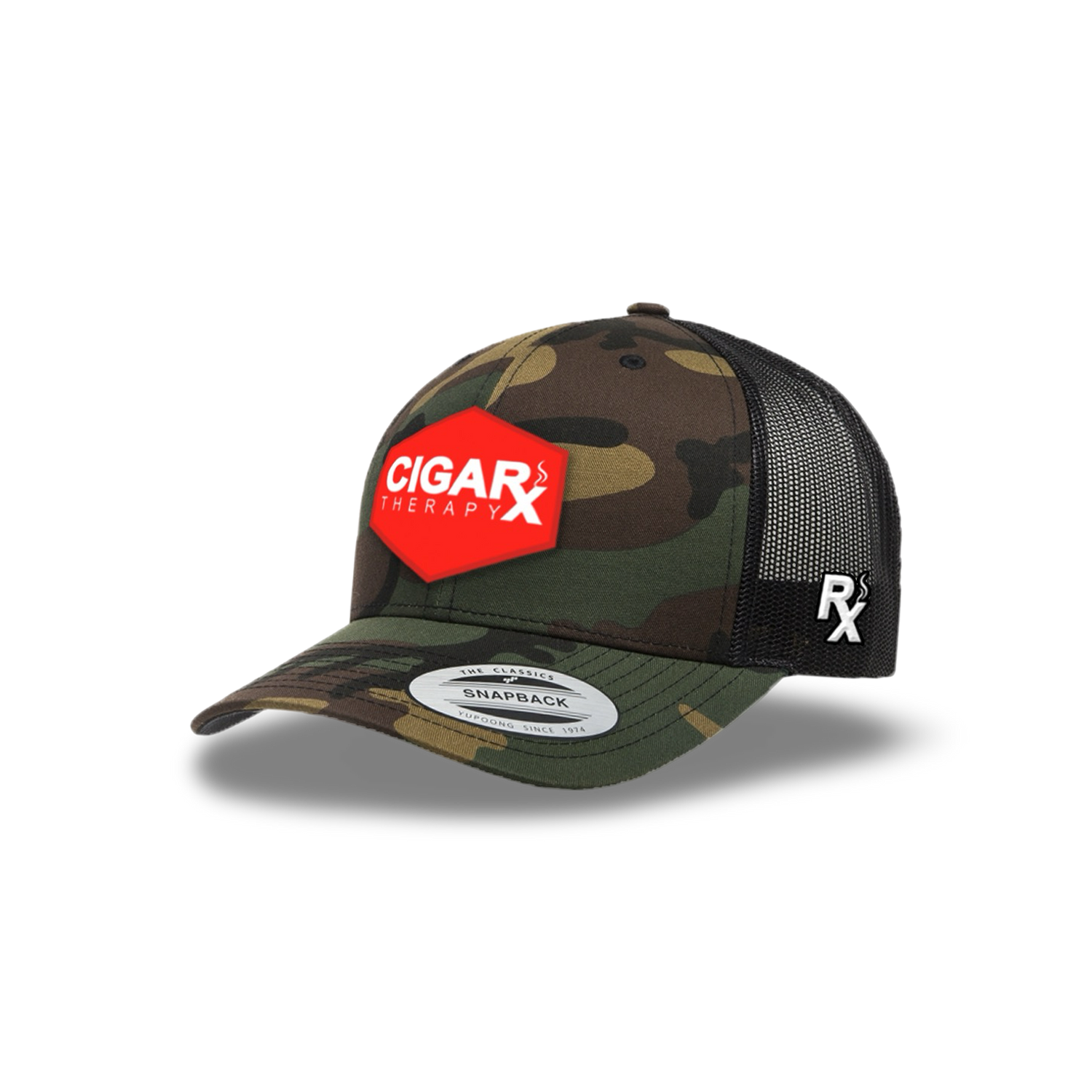 Camo Curved Trucker with Red Classic Patch Angled View