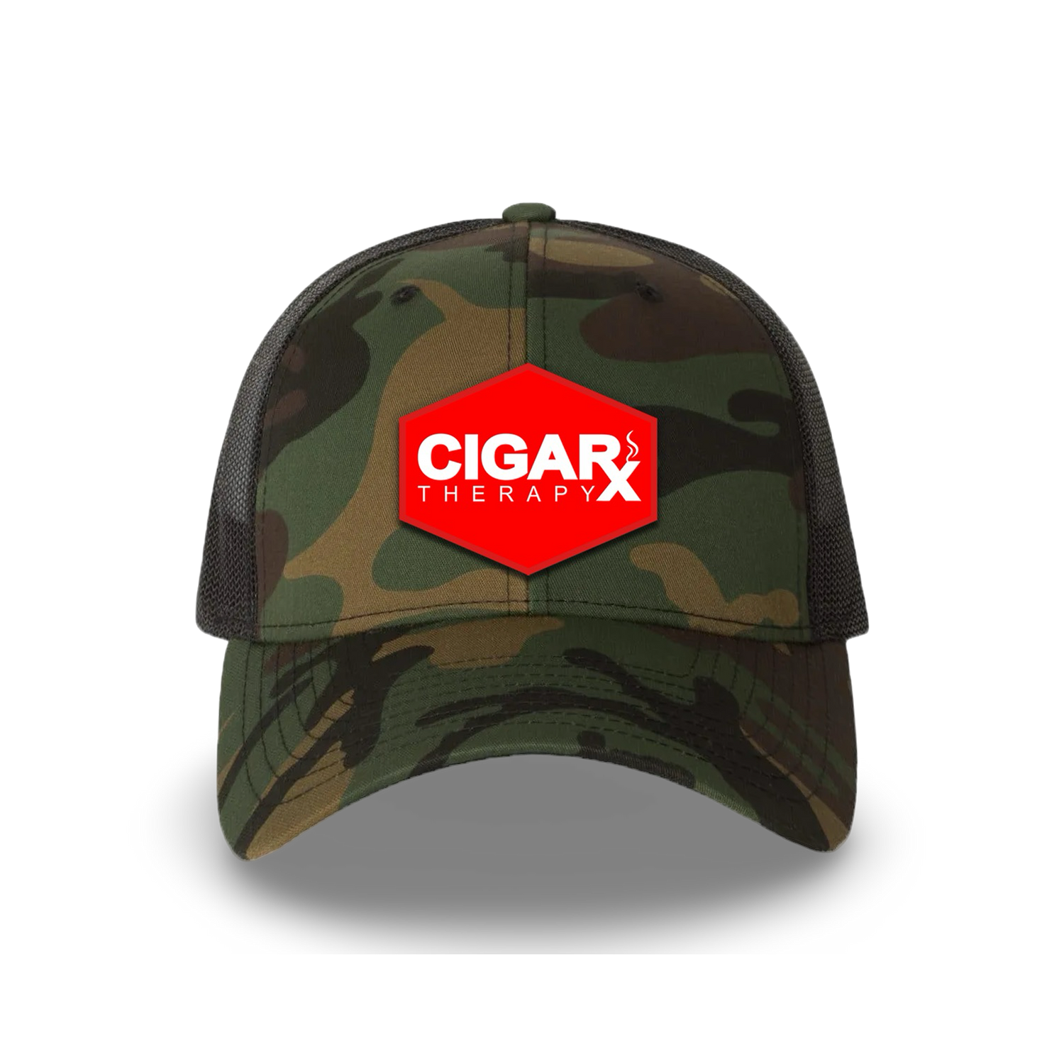 Camo Curved Trucker with Red Classic Patch Front