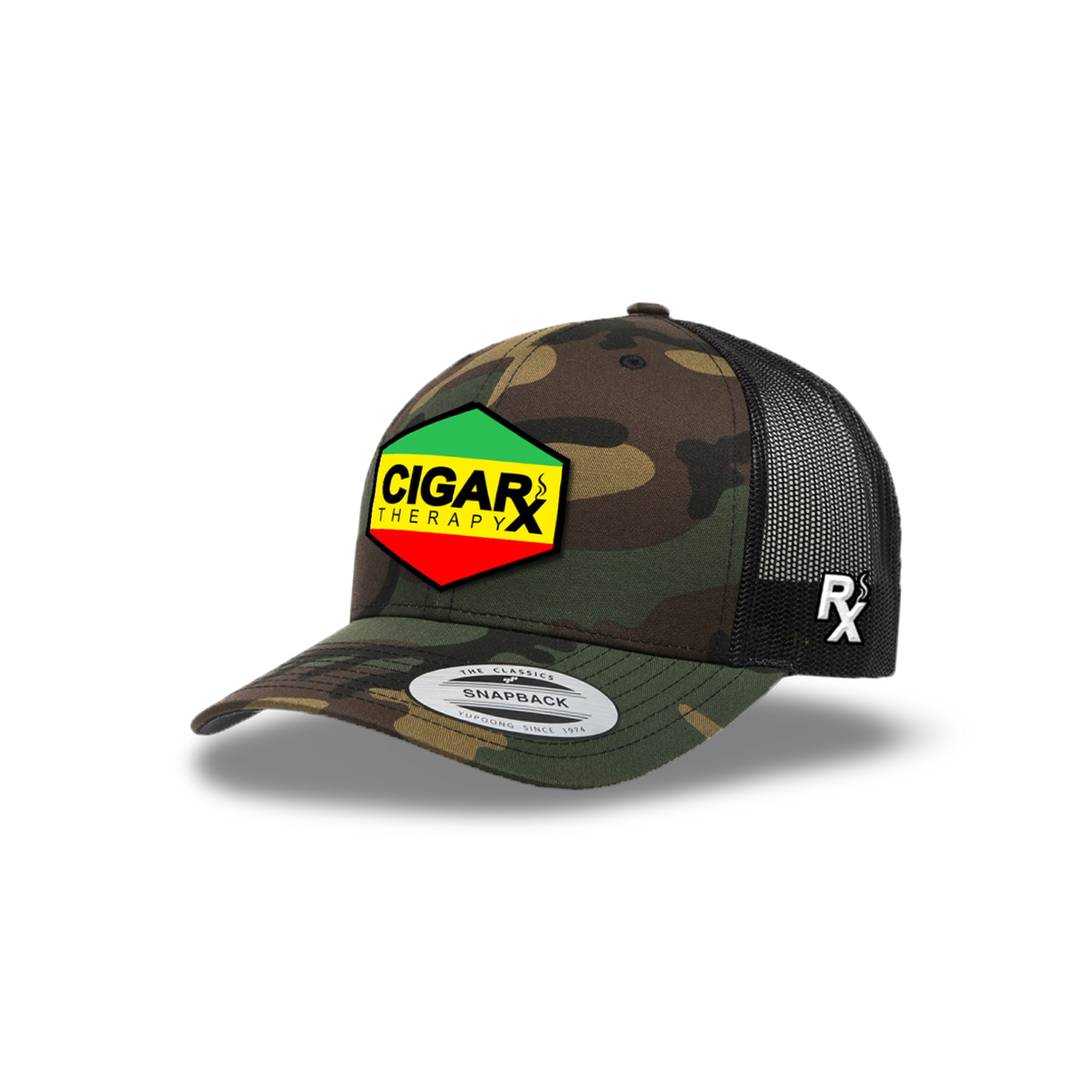 Camo Curved Trucker with Reggae Rasta Patch Angled View