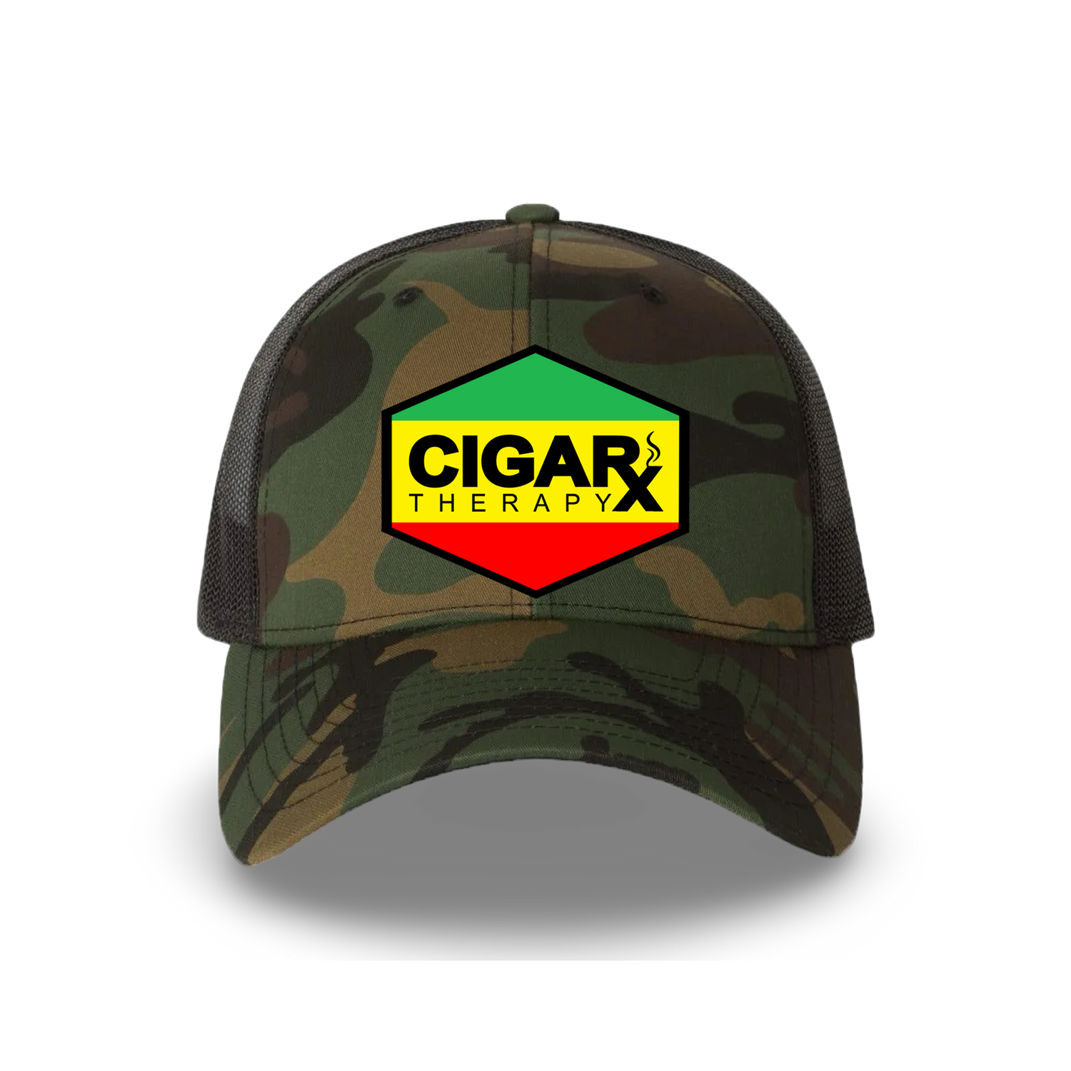 Camo Curved Trucker with Reggae Rasta Patch Front View