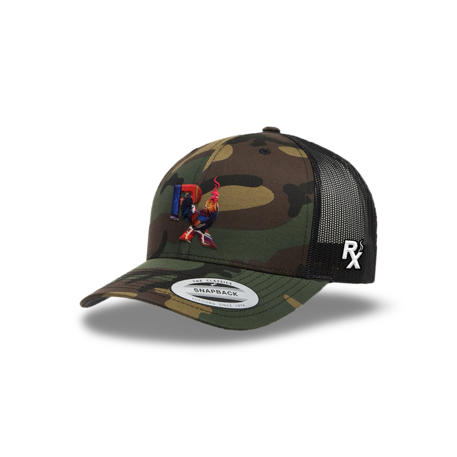 Camo Curved Trucker with Smokin Cock Patch Angled