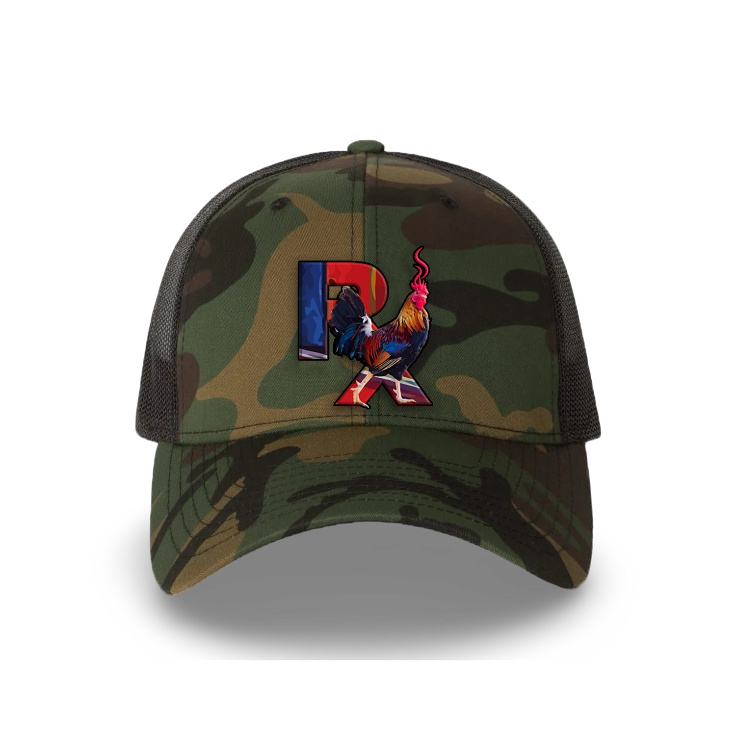 Camo Curved Trucker with Smokin Cock Patch Black Stroke Front
