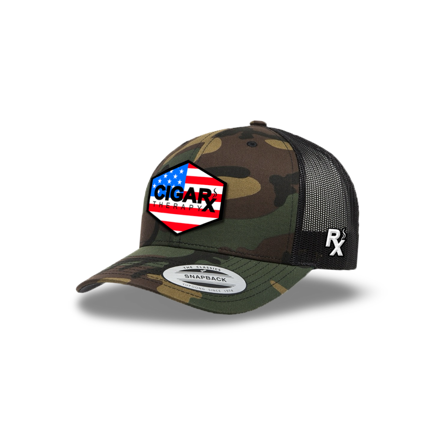 Camo Curved Trucker with USA Flag Patch Angled