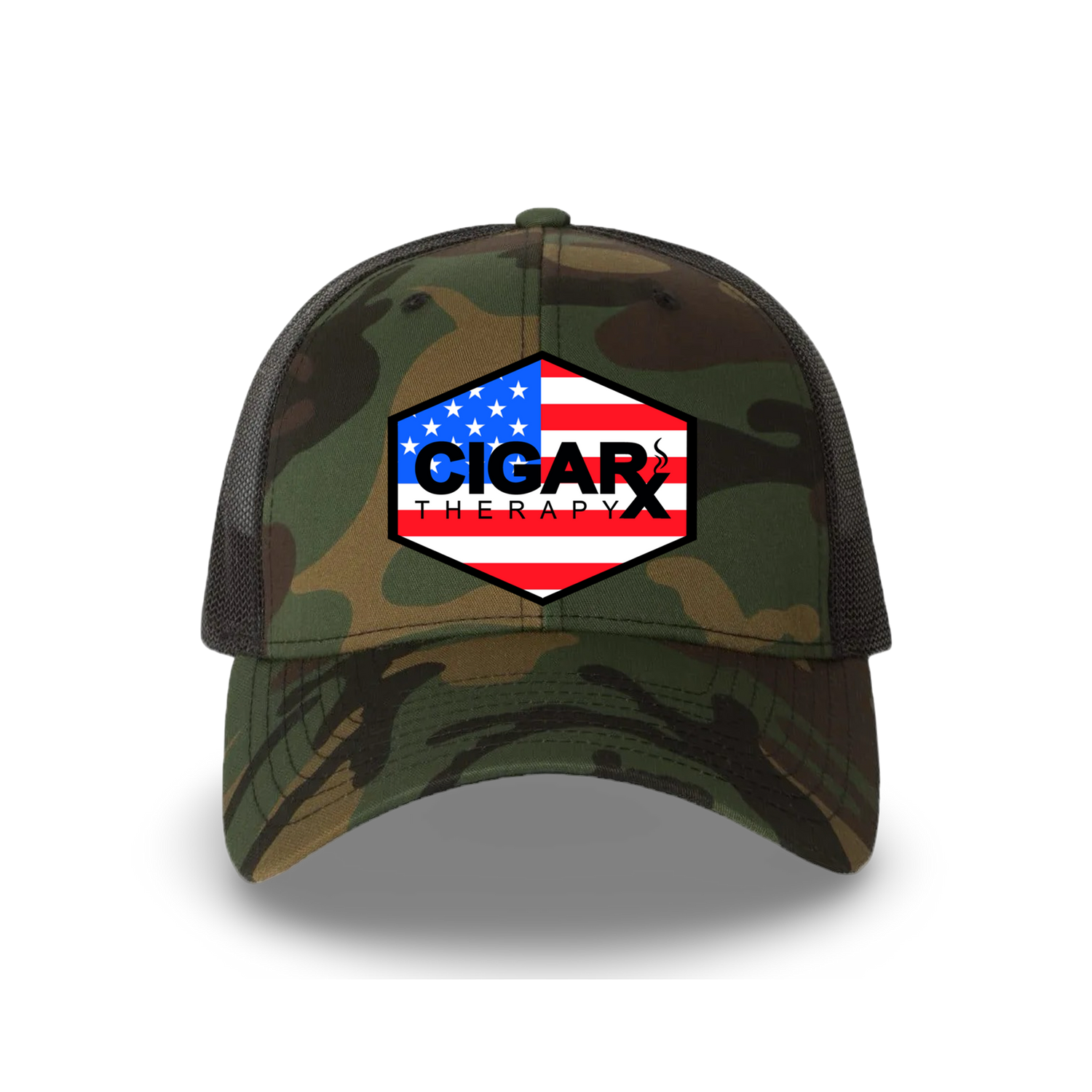 Camo Curved Trucker with USA Flag Patch Front View