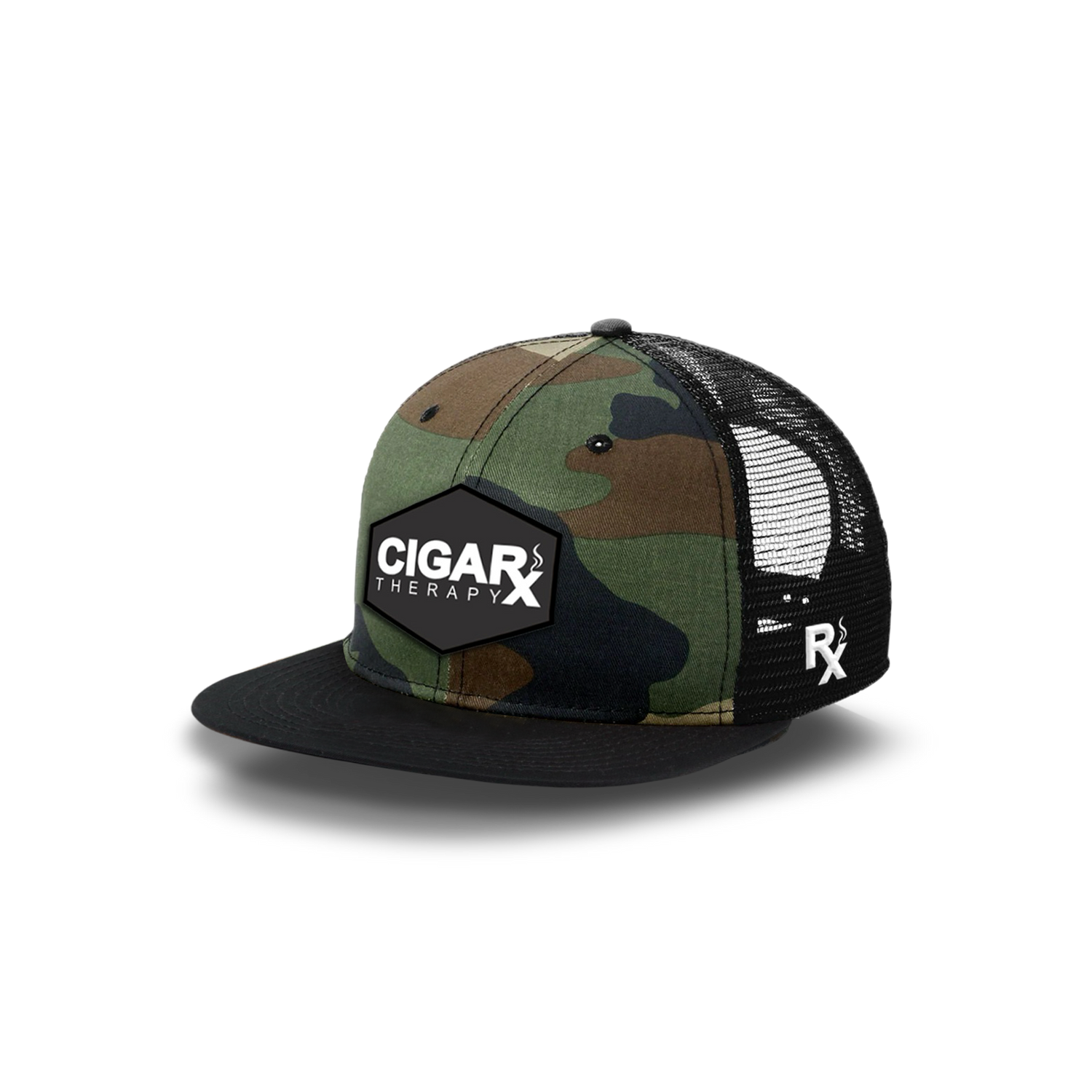 Camo Flat Trucker with Black Classic Patch Black Bill Angled View