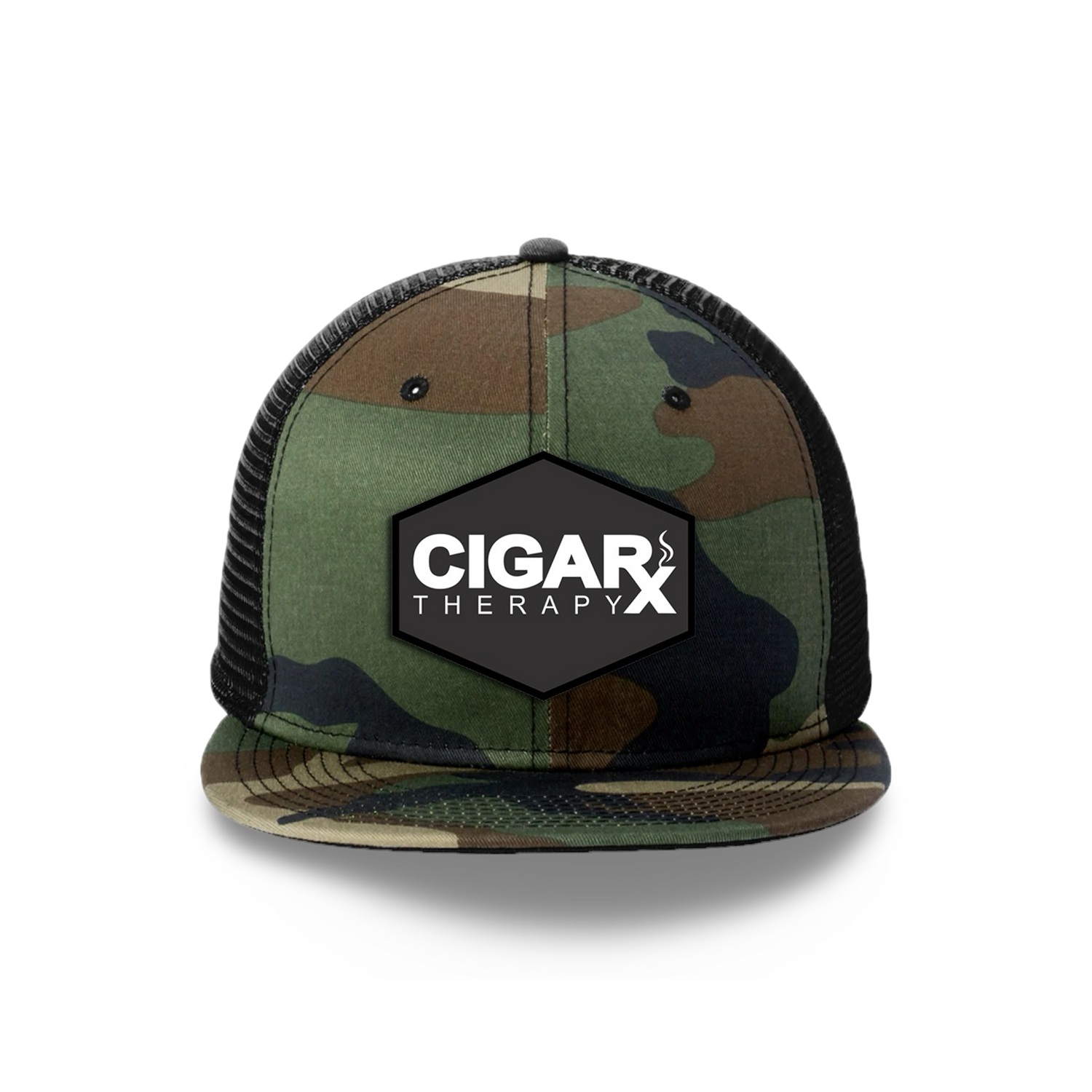 Camo Flat Trucker with Black Classic Patch Camo Bill Front View