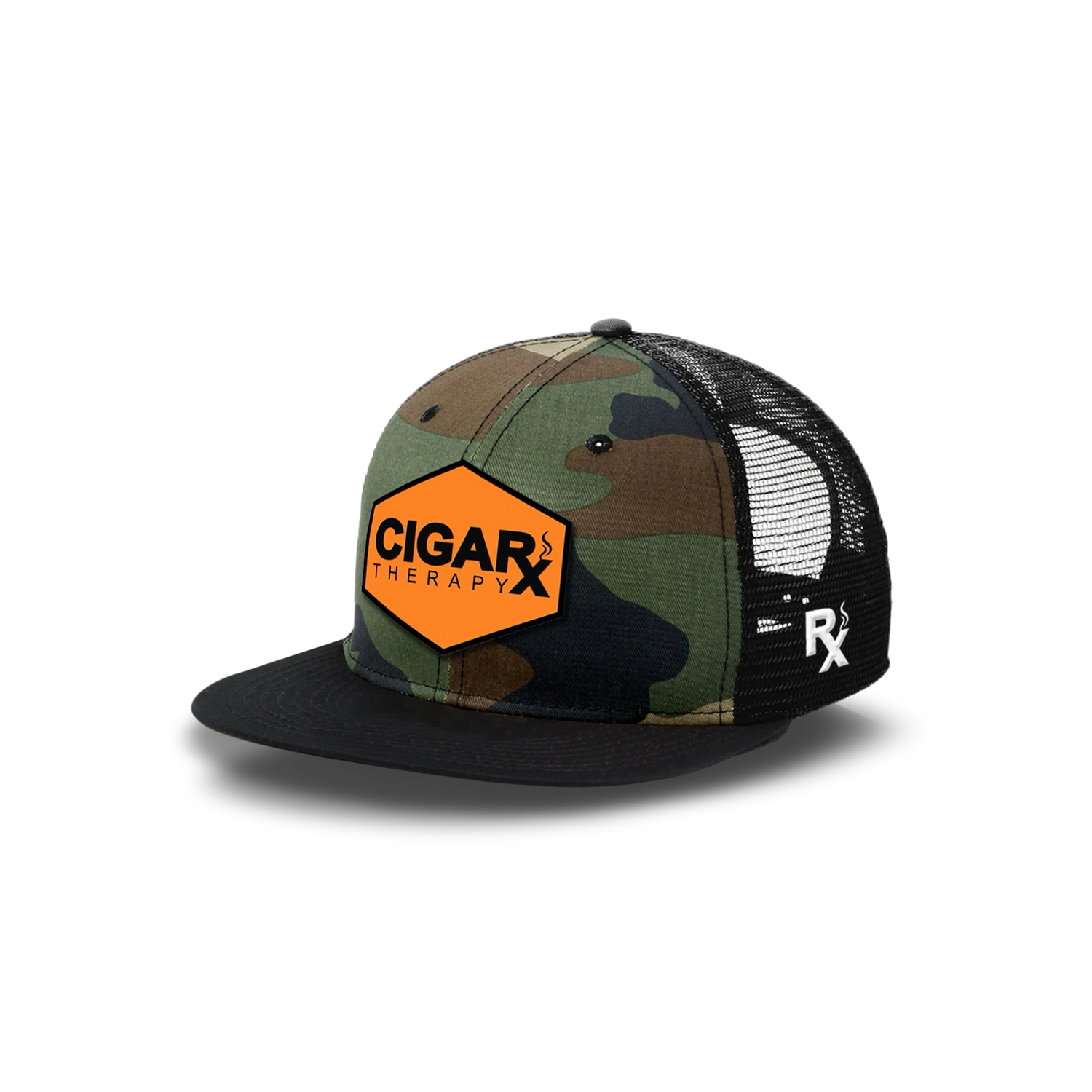 Camo Flat Trucker with Black on Orange Patch Black Bill Angled View