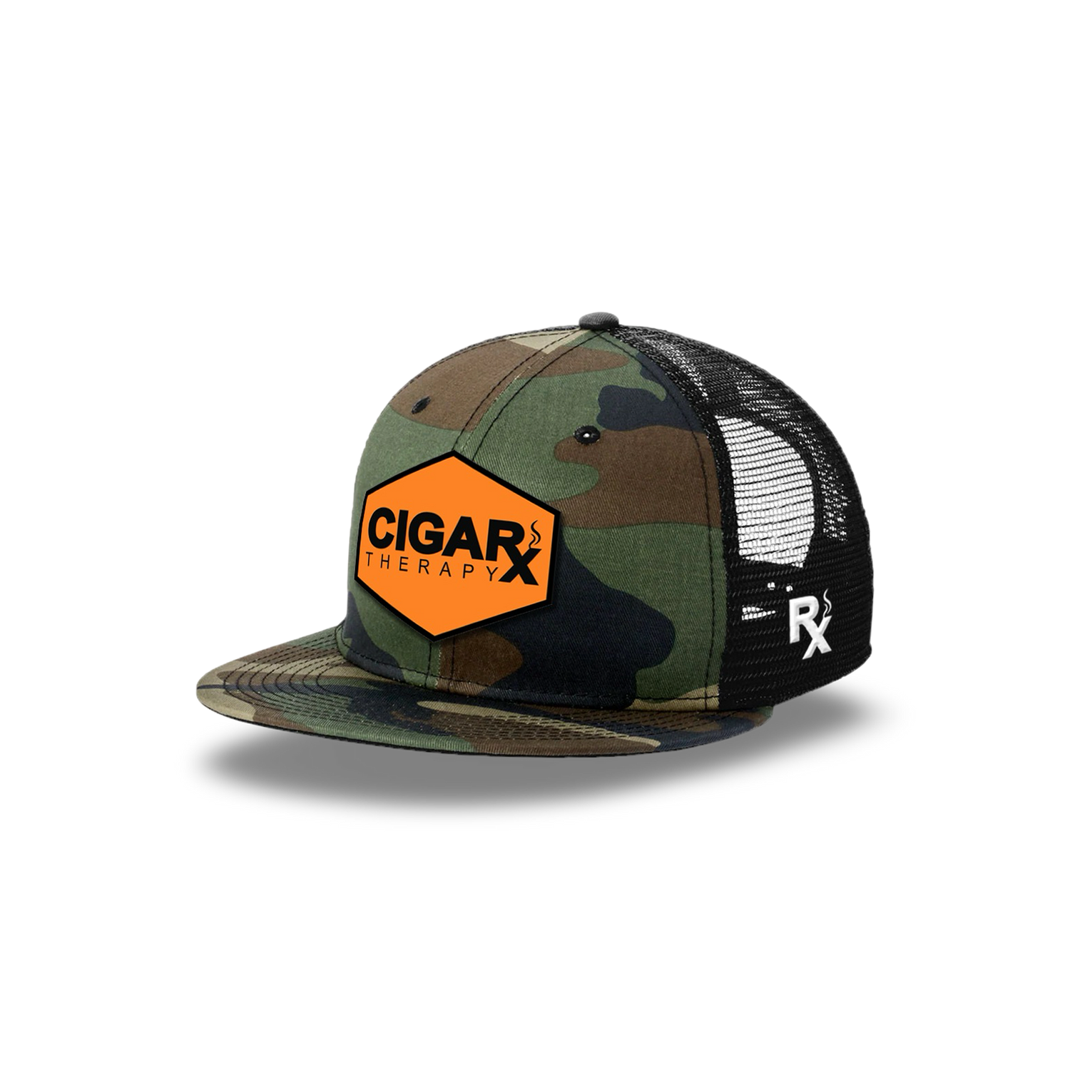 Camo Flat Trucker with Black on Orange Patch Camo Bill Angled View