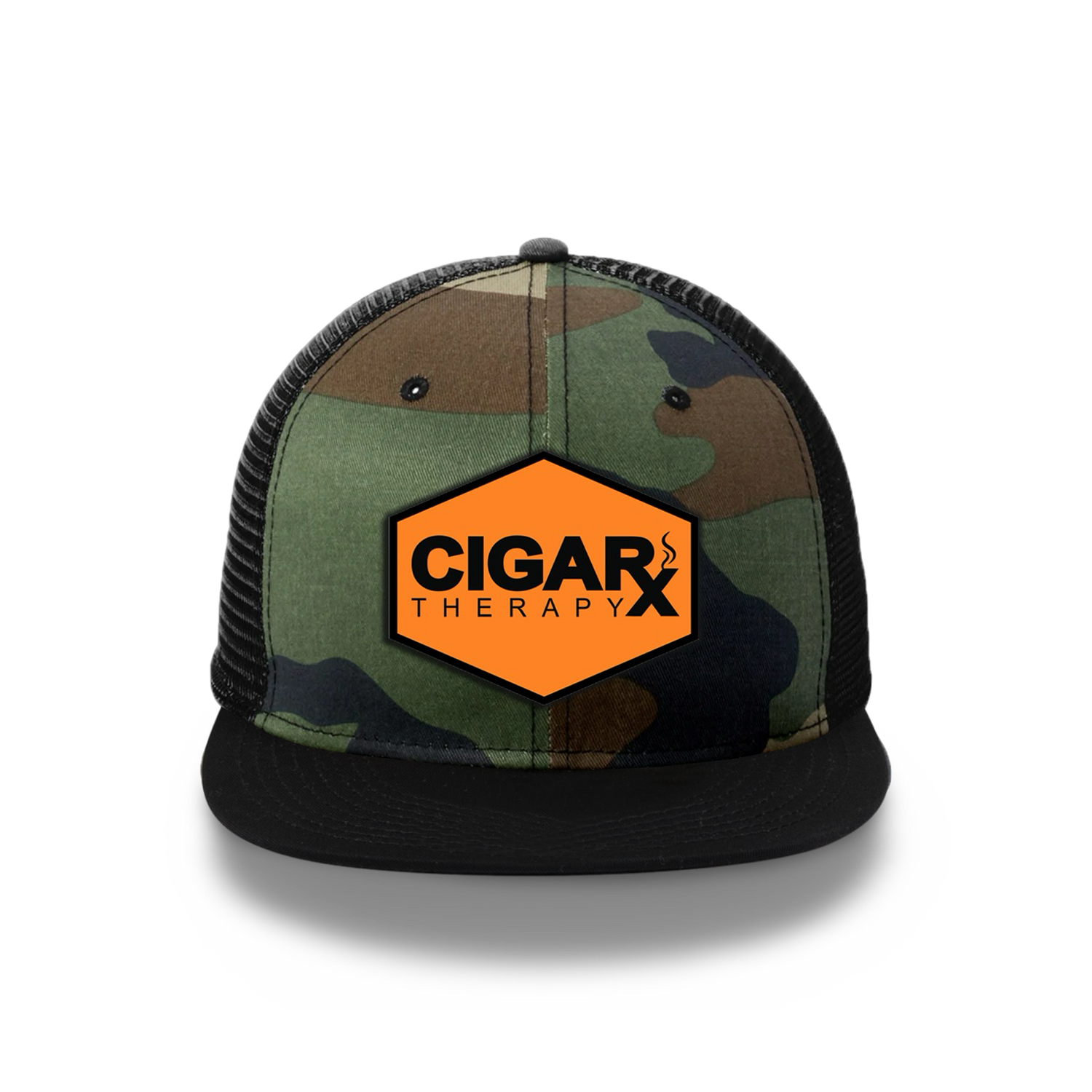 Camo Flat Trucker with Black on Orange Patch Black Bill Front View