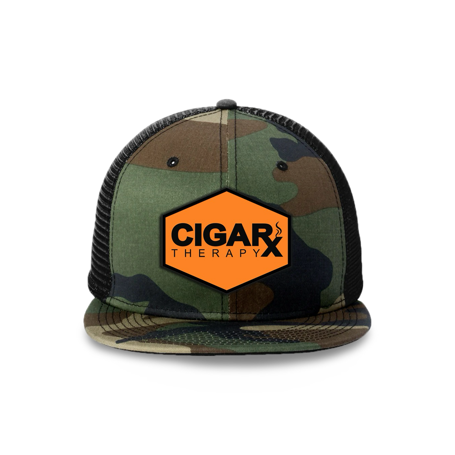 Camo Flat Trucker with Black on Orange Patch Camo Bill Front