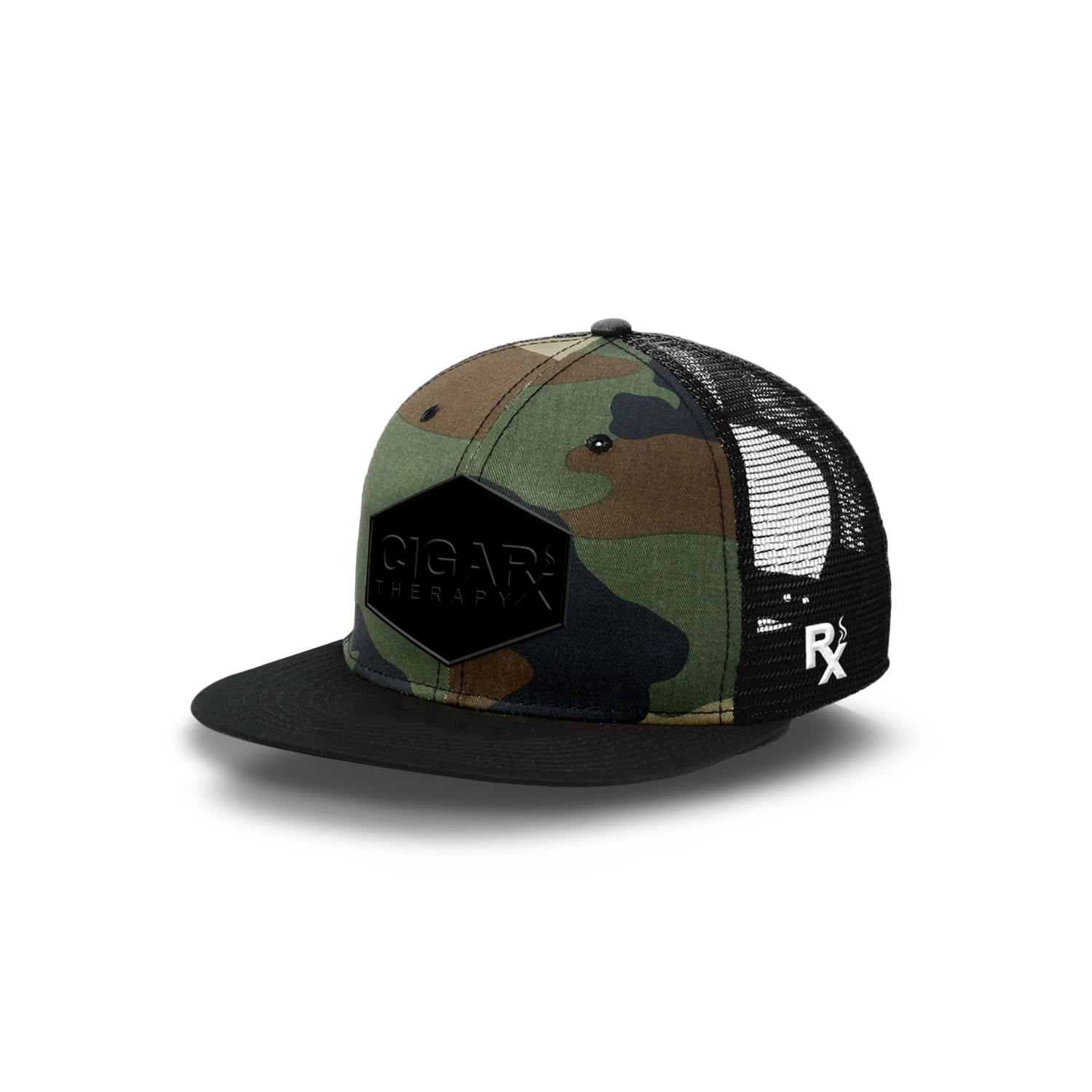 Camo Flat Trucker with Blackout Patch Black Bill Angled View