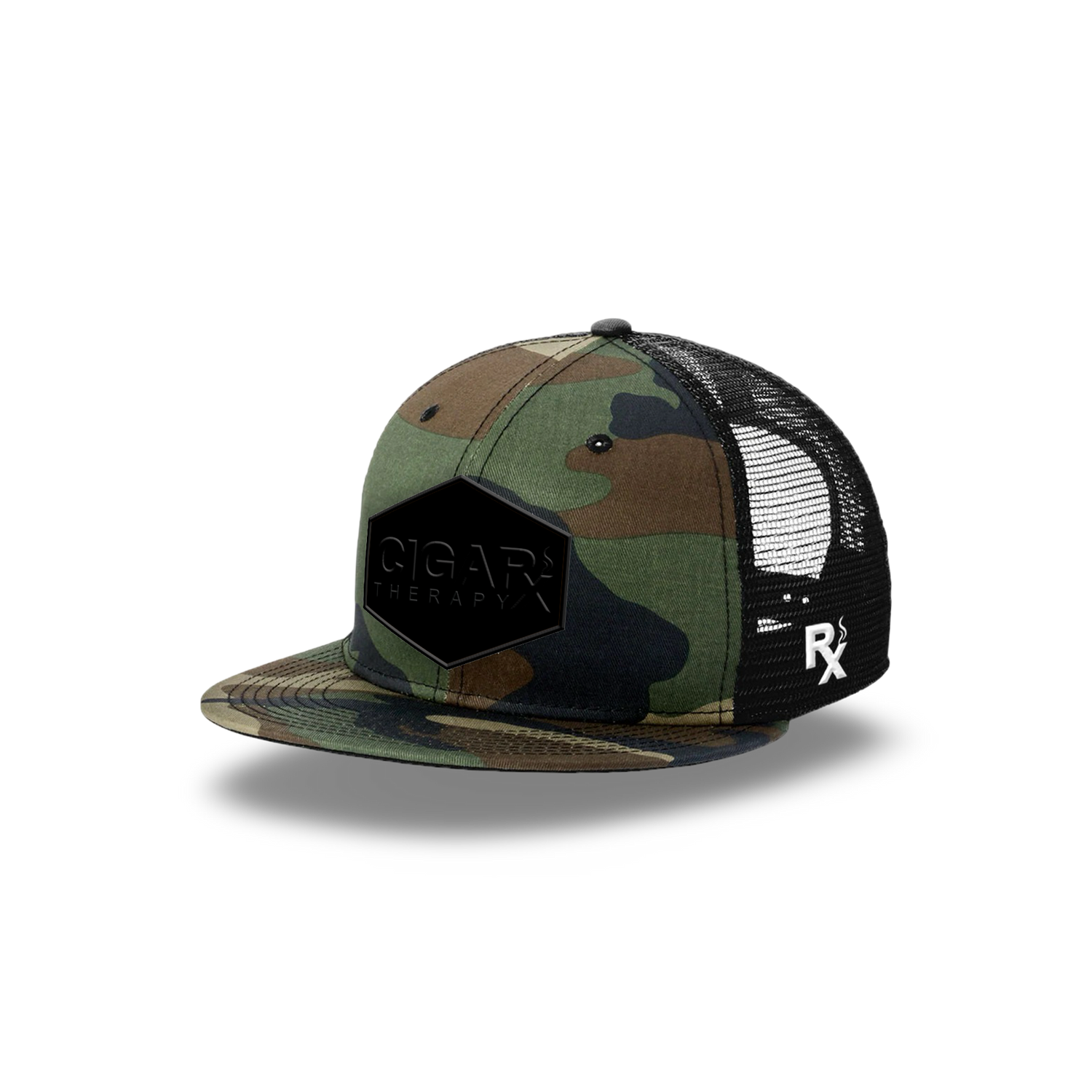 Camo Flat Trucker with Blackout Patch Camo Bill Angled View