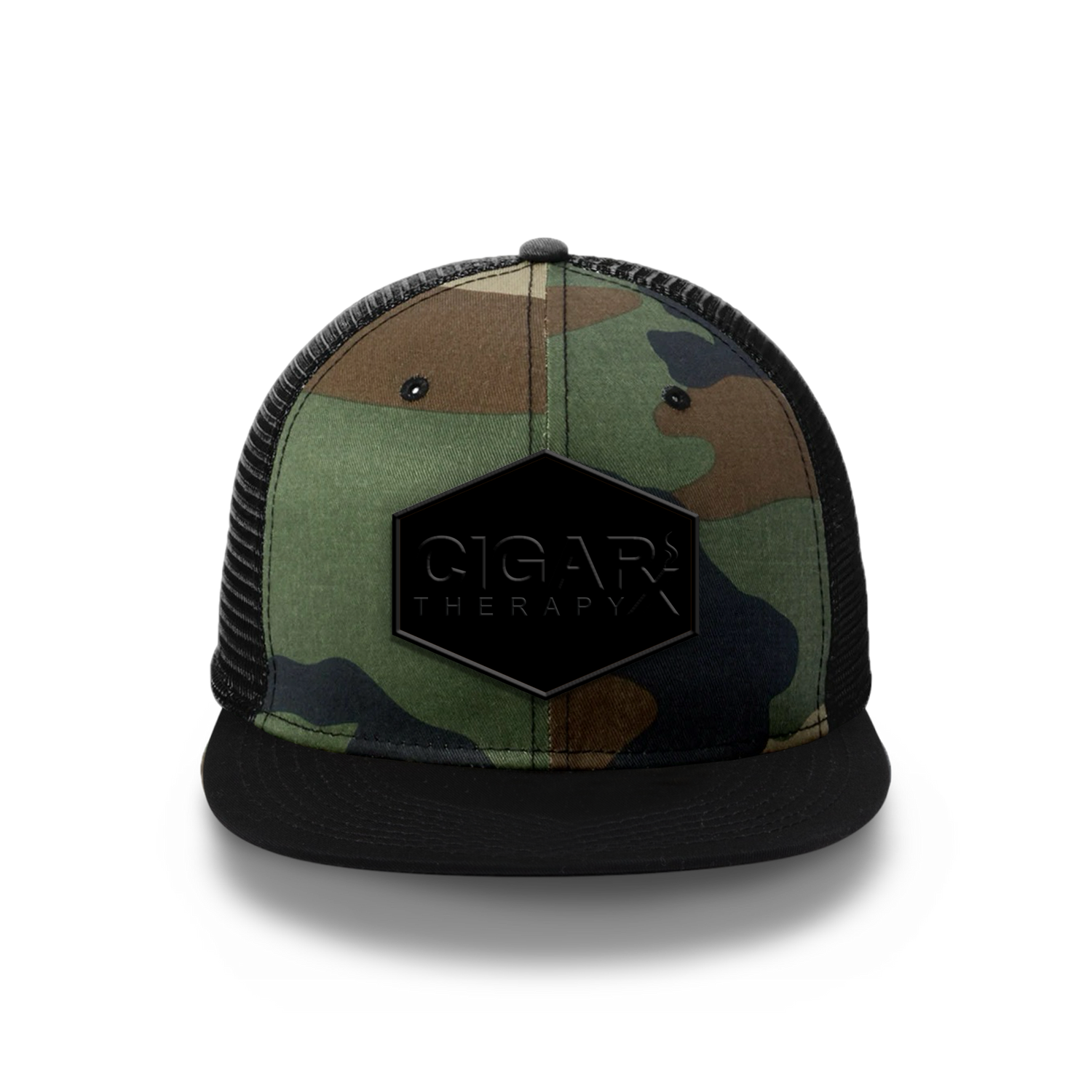 Camo Flat Trucker with Blackout Patch Black Bill Front View