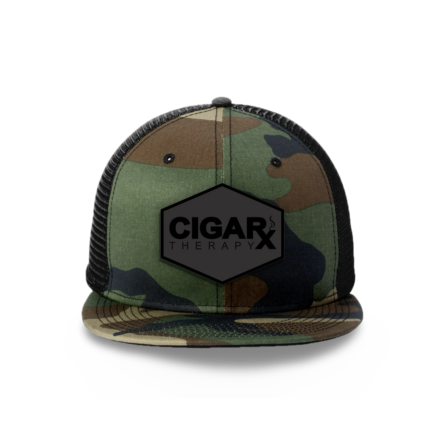 Camo Flat Trucker with Blackout Patch Camo Bill Front