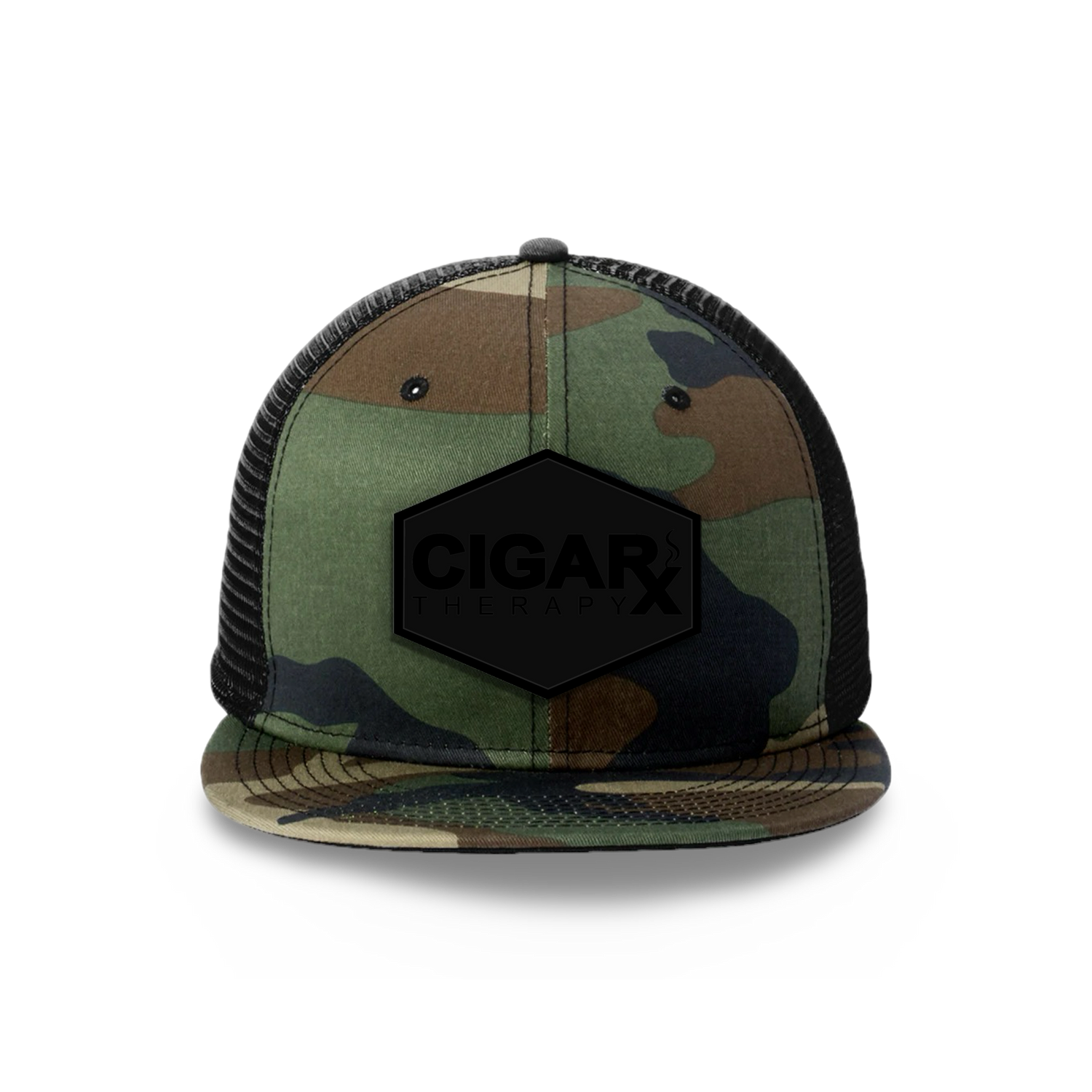 Camo Flat Trucker with Blackout Patch Front Camo Bill
