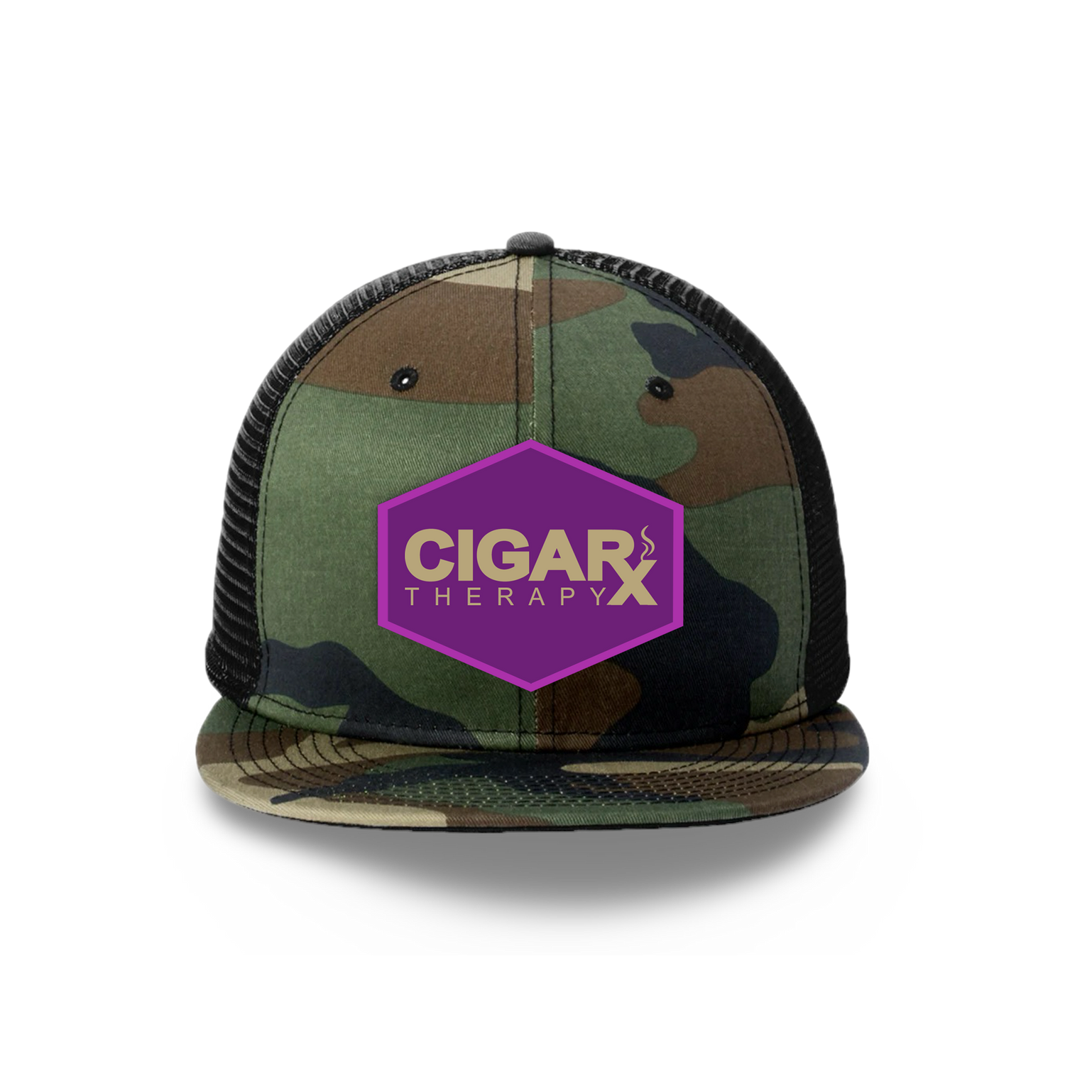 Camo Flat Trucker with Gold on Purple Patch