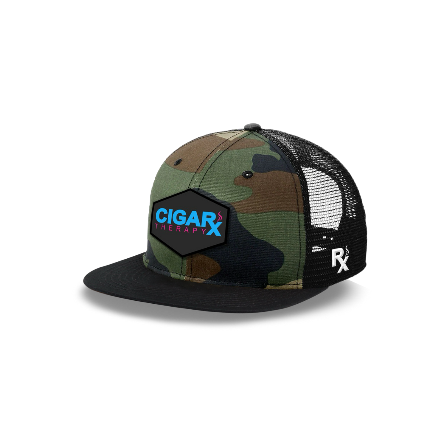 Camo Flat Trucker with Miami Edition Patch Black Bill Angled View
